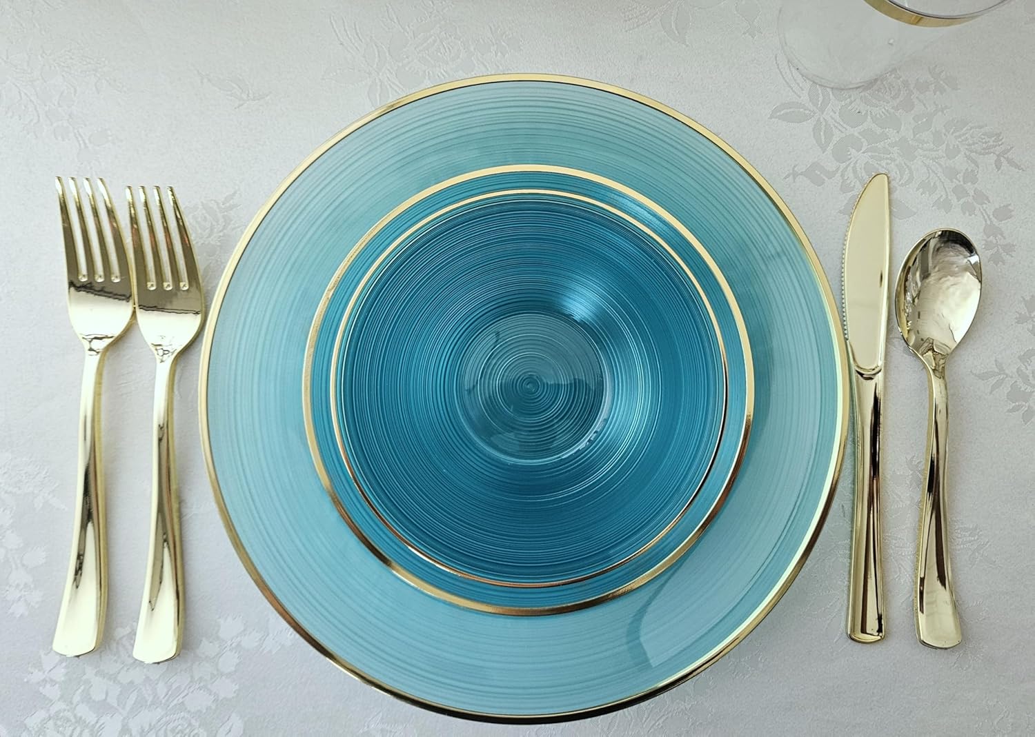 " OCCASIONS " 50 Plates Pack (25 Guests)-Wedding Party Disposable Plastic Plate Set -25 x 10'' Dinner + 25 x 7'' Salad & Dessert plates (Belize in Aqua & Gold)
