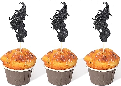 12 adornos para cupcakes de bruja de Halloween, para baby shower, caldero, bruja, revelación de género, decoración de fiesta, decoración de