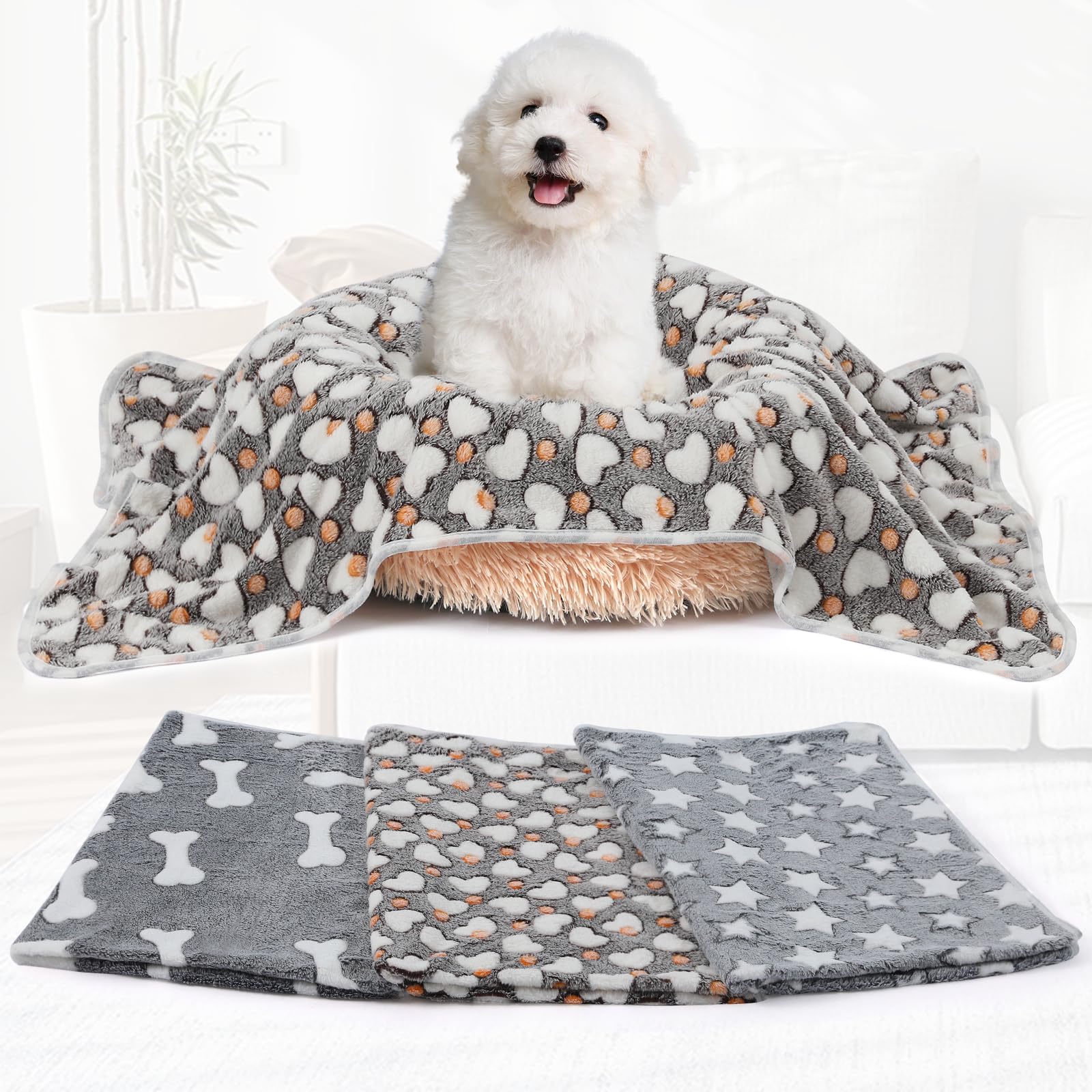 COMSLE Couverture pour Chien Chat Pelucheuse et Lavable, Lot de 3, Plaid Polaire pour Chien Chat de Compagnie pour Canapé/Divan/Lit, Convenant aux Petits et Moyens Chien et Chat Os Gris 40 * 60CM