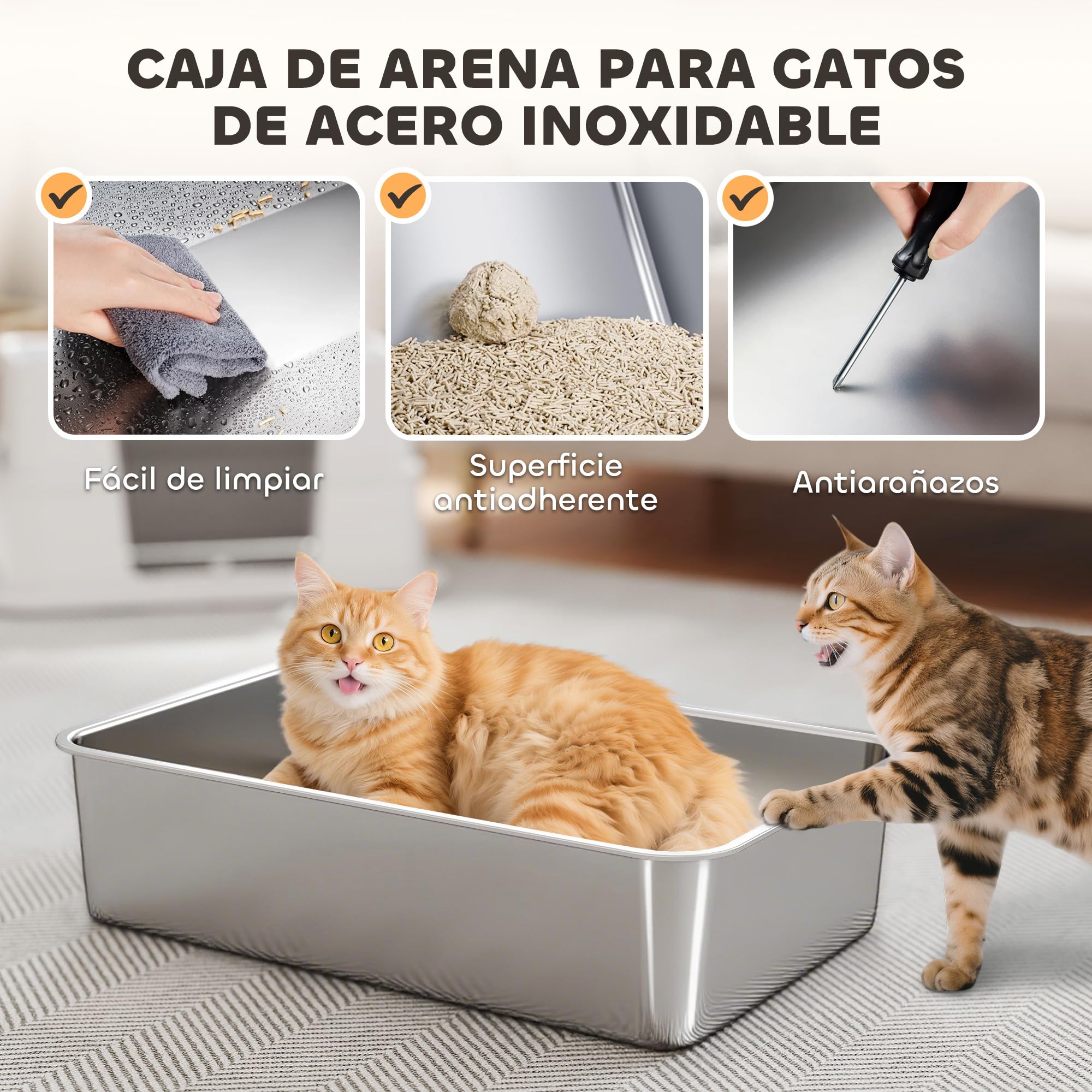 PawHut Arenero para Gatos Acero Inoxidable XL Gatos Grandes Gris Claro | Caja de Arena, Arenero con Tapa Abatible, Laterales Altos, Entrada Superior, Pala, sin Olores, Fácil de Limpiar, Antifugas