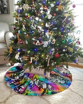 DUOBAO Christmas Tree Skirt 24 Inch Rainbow to Silver Sequin Flip Up Fabric Sequins Trees Skirts Home Decor Small Sequence Ornamental The Change Color Xmas Decoration