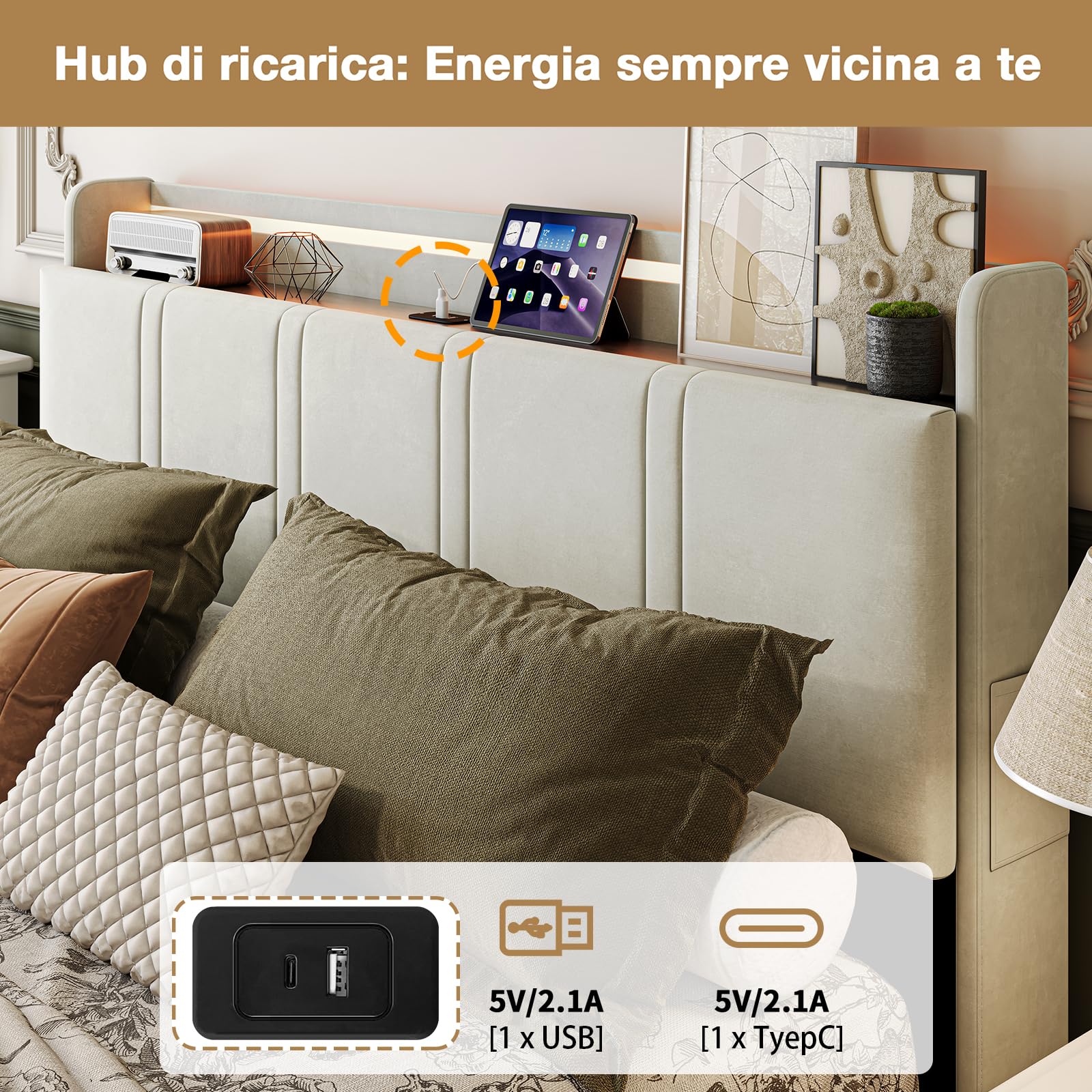 Cama de Matrimonio 160x200 cm con 4 Cajones, Cama Queen Size Tapizada con Luces LED, Puerto Type-C y Cabecero Moderno, Estructura de Cama con Somier, Beige (Sin Colchón)