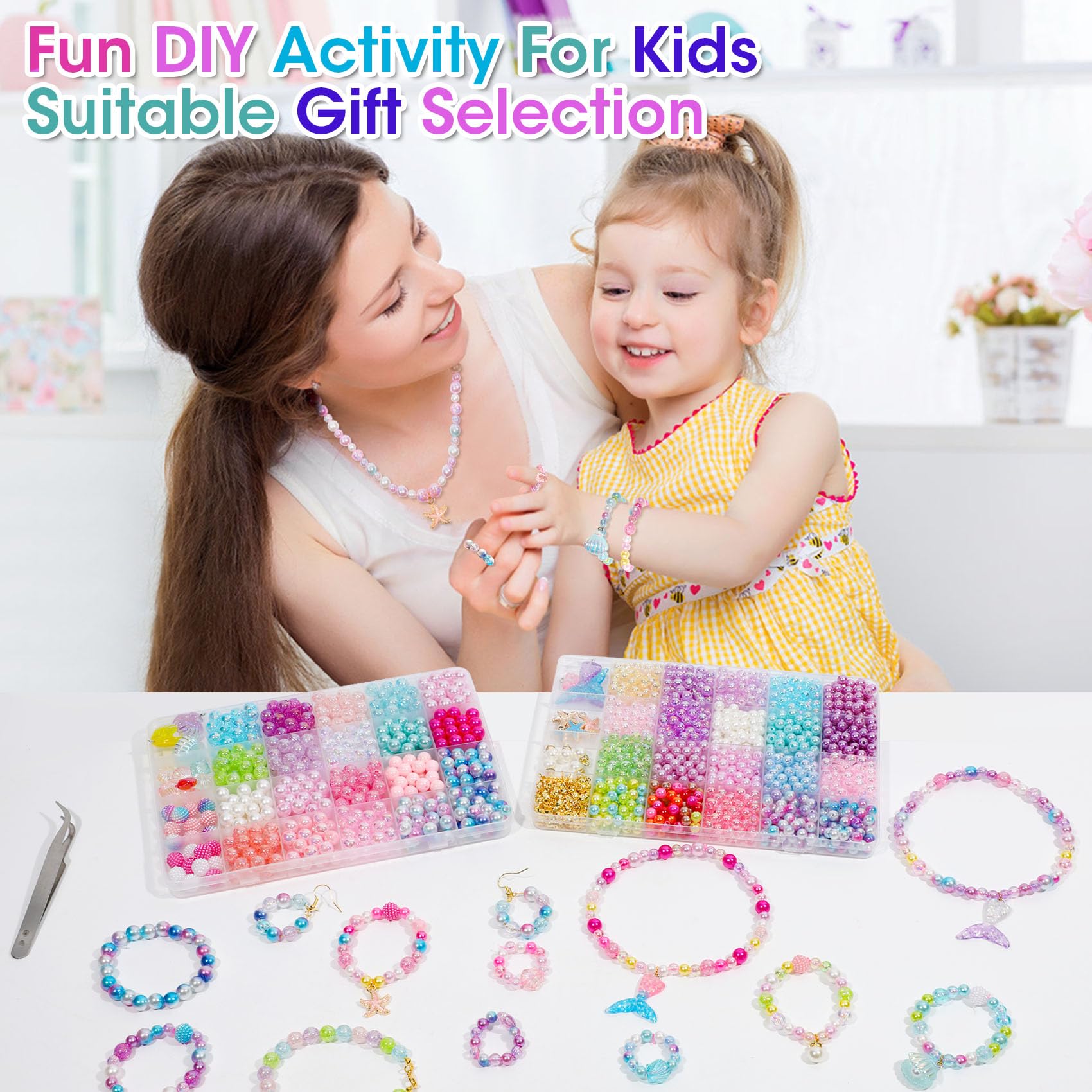 Acerich 1400 Pcs Mermaid Beads Bracelet Making Kit, Charm DIY Mermaid Beads for Jewelry Making with Ocean Shell, Friendship Bracelet Kit for Girls with Starfish Shell - Image 7