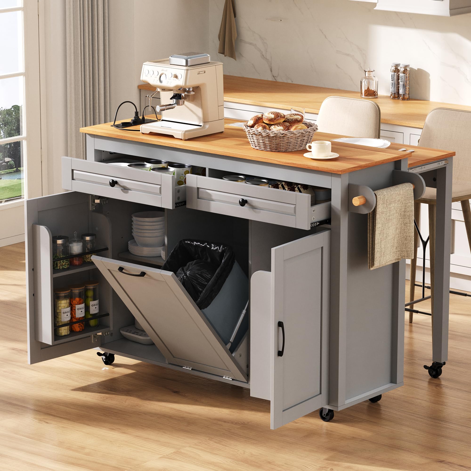 Mobilna wyspa kuchenna 120 x 40-75 cm z wysuwanym blatem roboczym i gniazdkami, wózek kuchenny z USB/typ C, schowek na śmieci i 7 kółkami (4 z możliwością zablokowania), kolor szary – nie zajmuje dużo