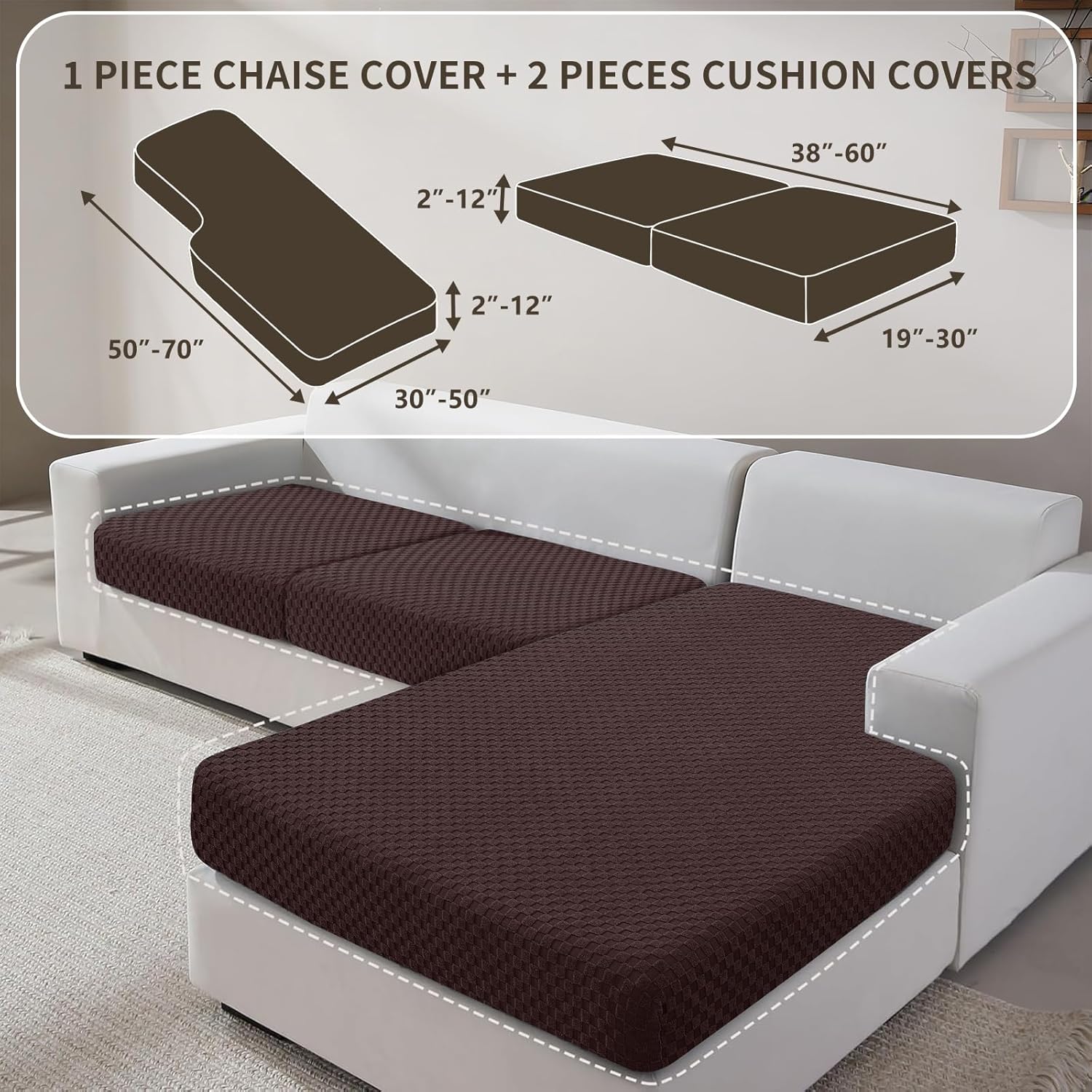 YEMYHOM Couch Cushion Covers for Sofa, Stretch Sectional Couch Seat Cushion Covers Washable Thick Furniture Protector Sofa Slipcovers for Pets (2 Seater + 1 Chaise, Dark Coffee)