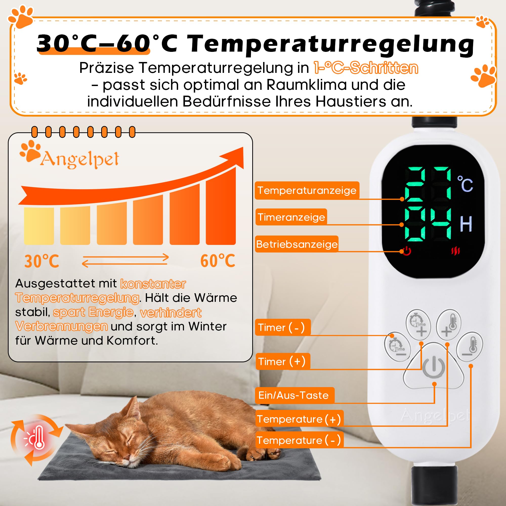 Angelpet Elektryczna Mata Grzewcza dla Psów i Kotów 45x45 cm 30–60℃ 14 Timer Automatyczne Wyłączanie Przewód Odporny na Gryzienie 1,8 m 2 Pokrowce