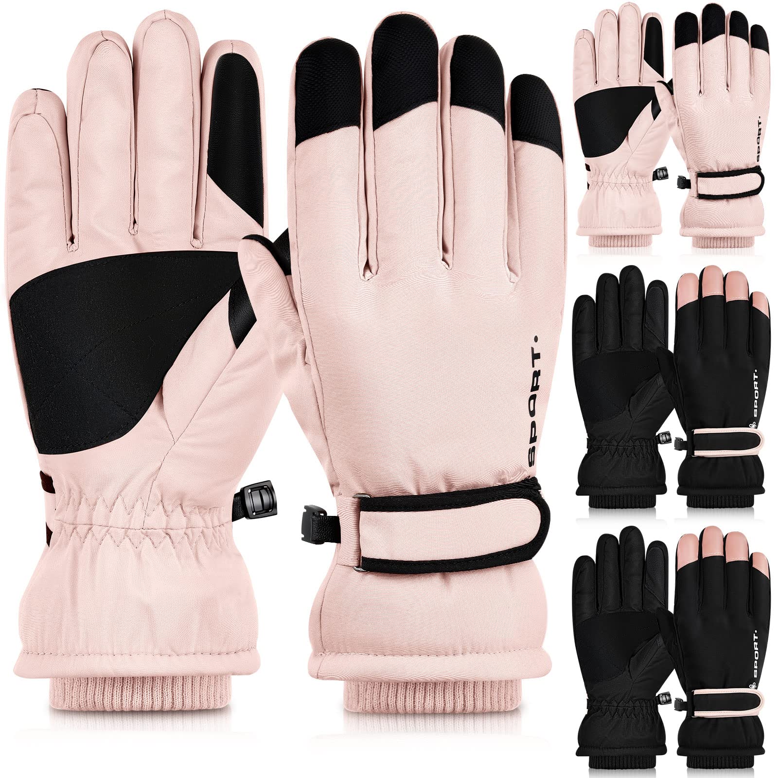 Jecery 4 Pair Winter Ski Snow Gloves for Women Men Youth Touchscreen Waterproof Hand Warming Gloves