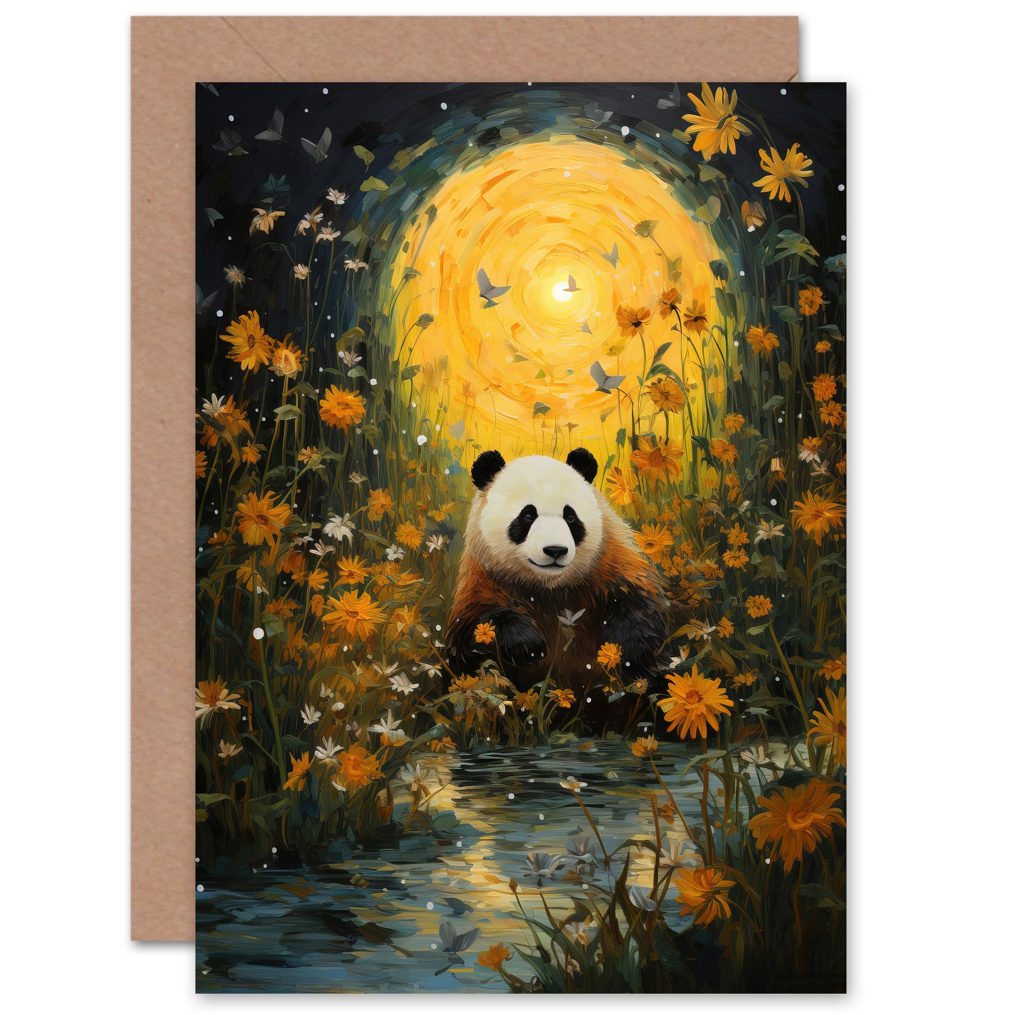 Artery8 Children's Greeting Card - Panda Bear Wildflower Meadow - Yellow