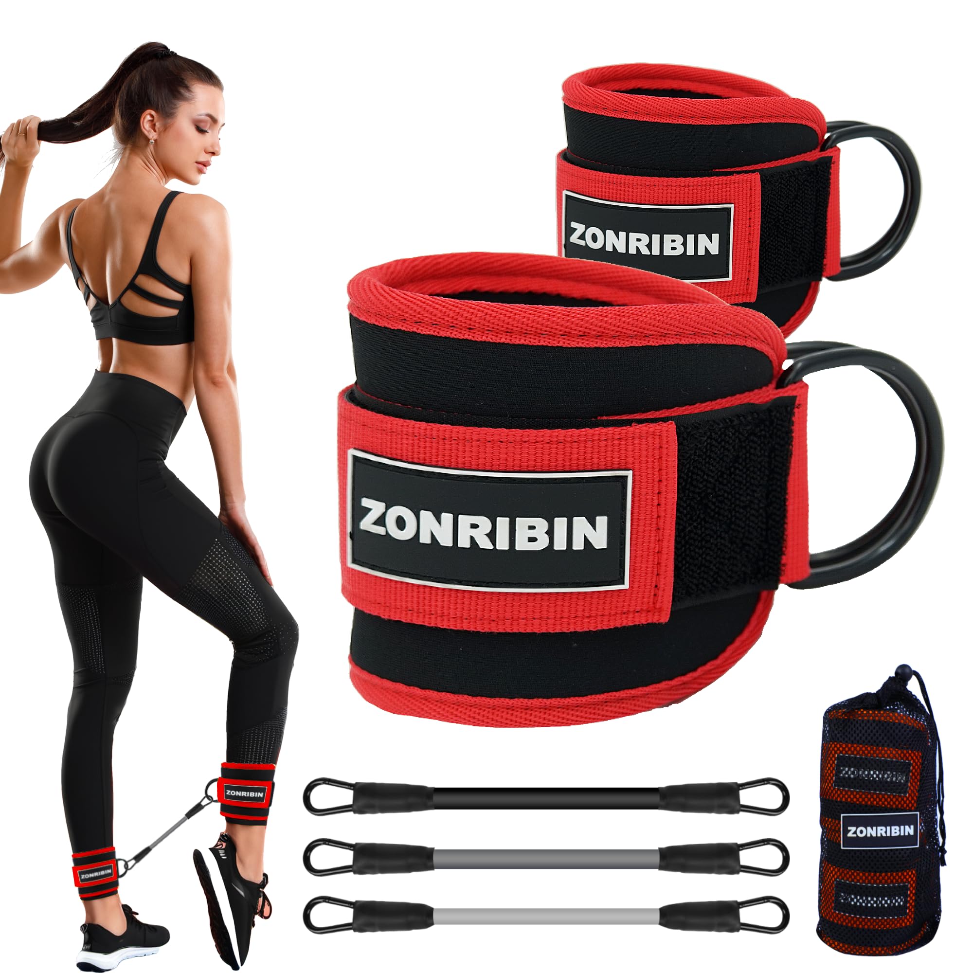 ZONRIBIN Ankle Resistance Bands with Cuffs - Glute Workouts: Kickbacks, Leg Extensions, Hip Abductors (Red, Ankle Strap)