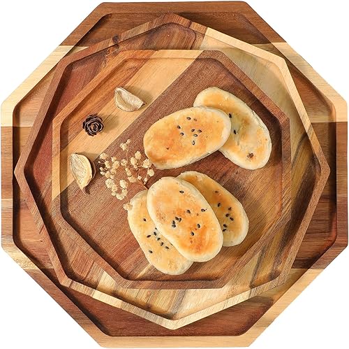 Juego de 3 bandejas de madera de acacia para servir (8 pulgadas, 10 pulgadas, 12 pulgadas) de madera octágona, decoración del hogar para frutas,