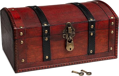 Happenings Cofre del tesoro de madera, baúl decorativo vintage con cerradura roja para almacenamiento, recuerdos, joyas, baratijas, decoración de