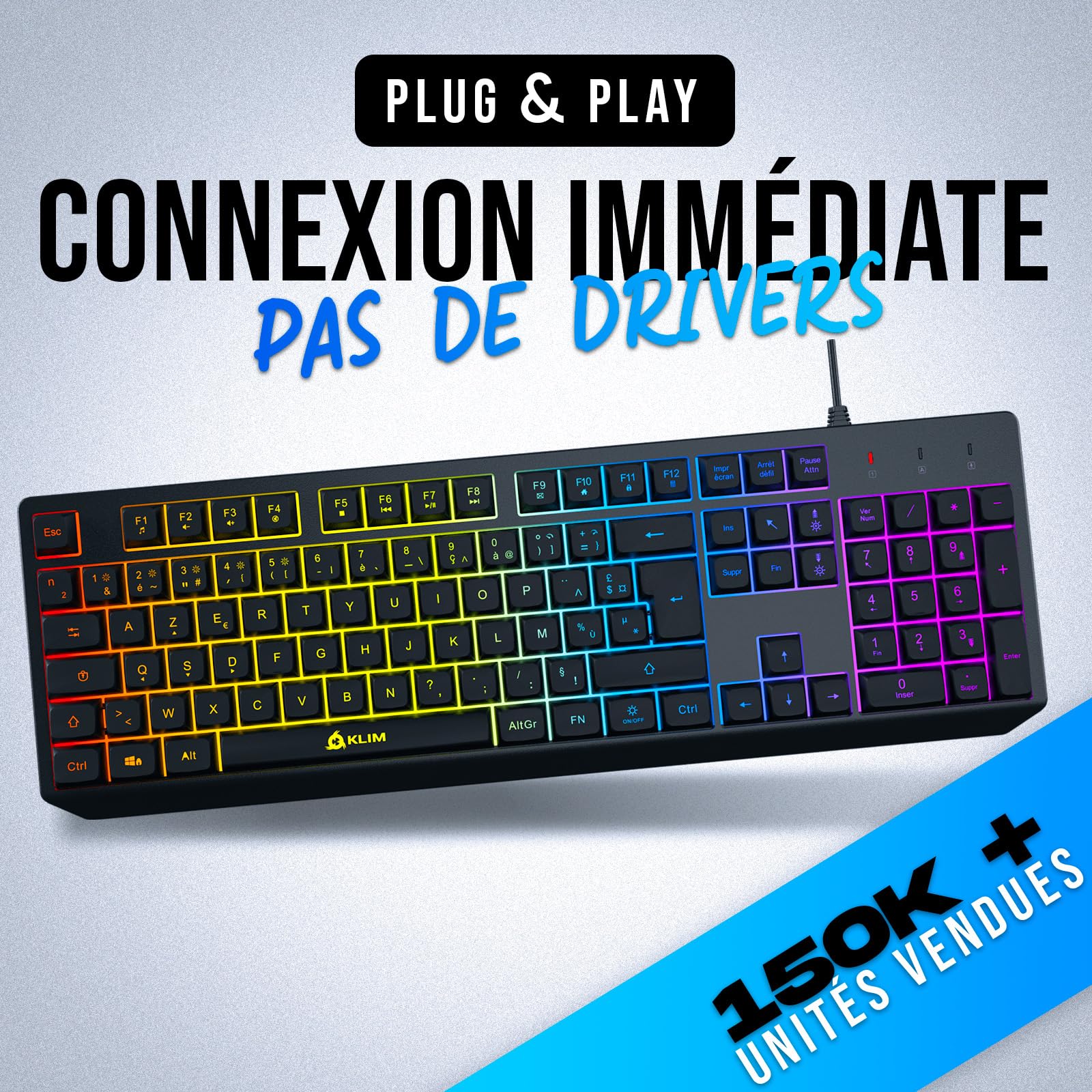 KLIM Chroma Clavier Gamer AZERTY FR - Nouveauté - Silencieux USB - Clavier Filaire Rétroéclairé LED - PC Gaming PS4 PS5 Mac - Noir