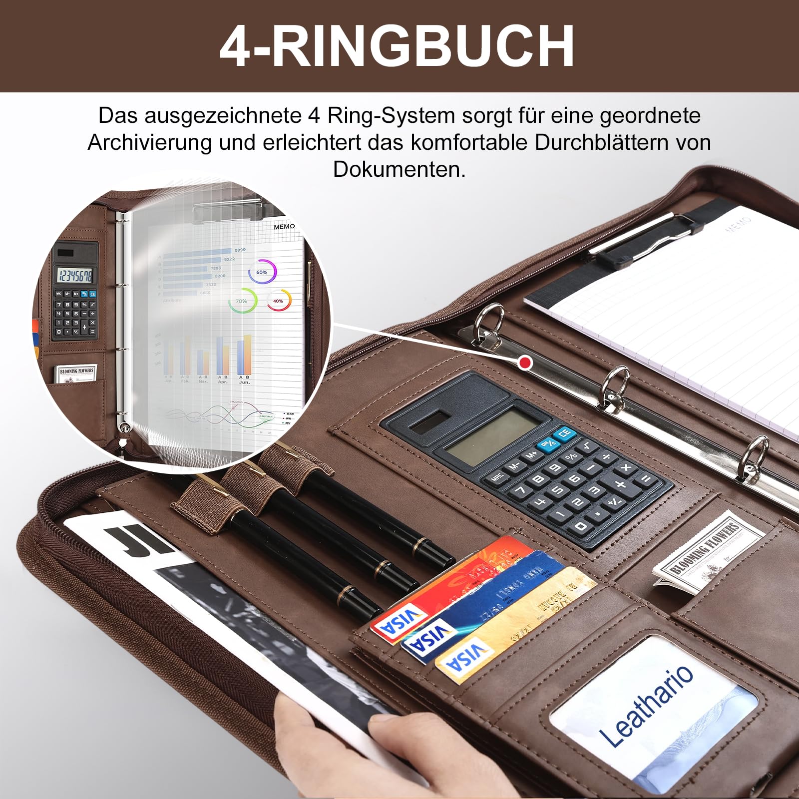 Leathario Konferenzmappe a4 mit Reißverschluss,Schreibmappe a4 mit 10 Dokumentenhüllen,Magnetgriff Arbeitsmappe mit 4 Ringbuch，Veganes Leder Mappe für Meetings,Behördengänge,Uni,Bewerbungsgespräche