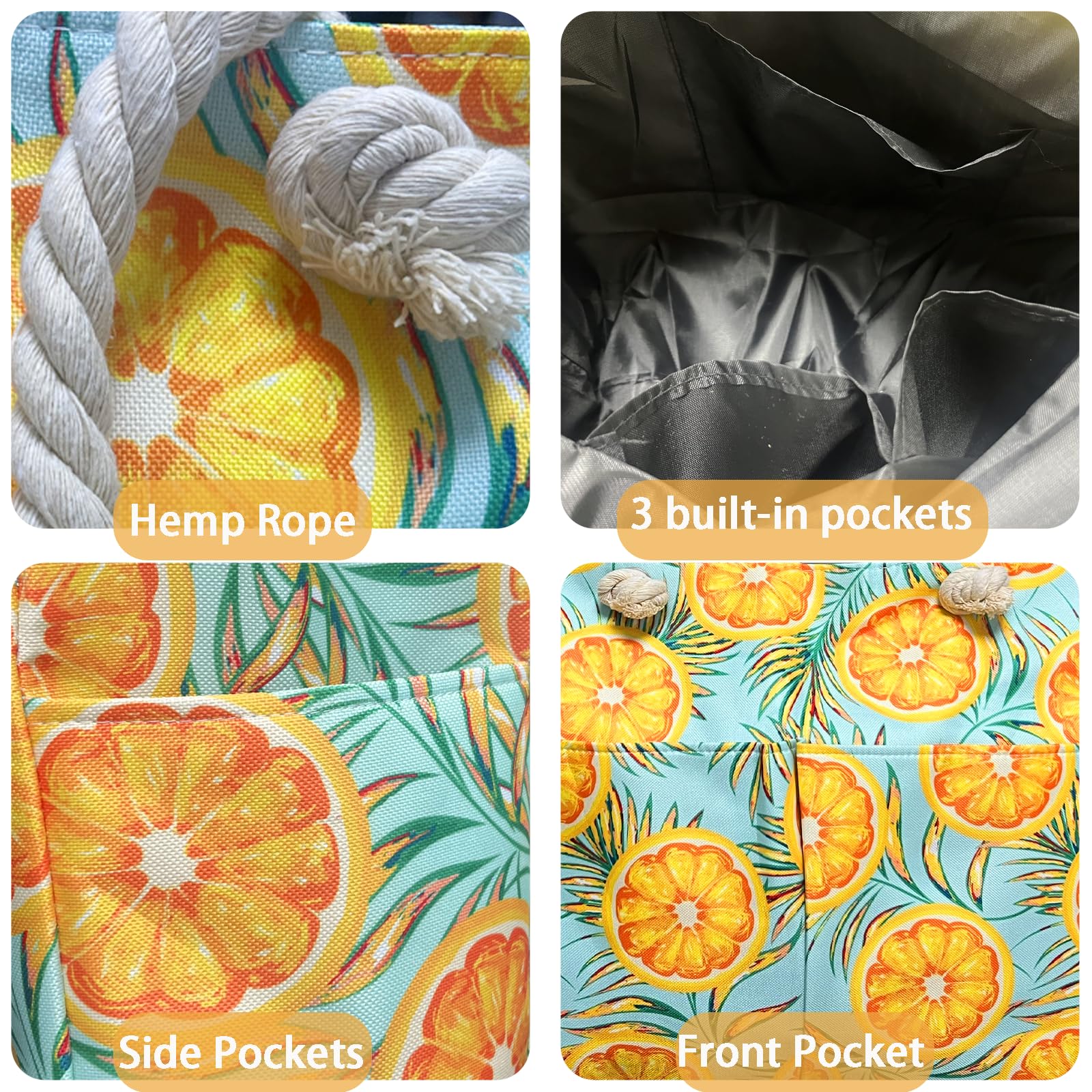Badetasche Groß mit 7 Taschen 1 Kühltasche, 50L Orange Strandtasche xxl Familie mit Reißverschluss,Schwimmbad Tasche, Faltbar, Sanddicht, Schwimmtasche Damen für Shopping Strandurlaub Picknick