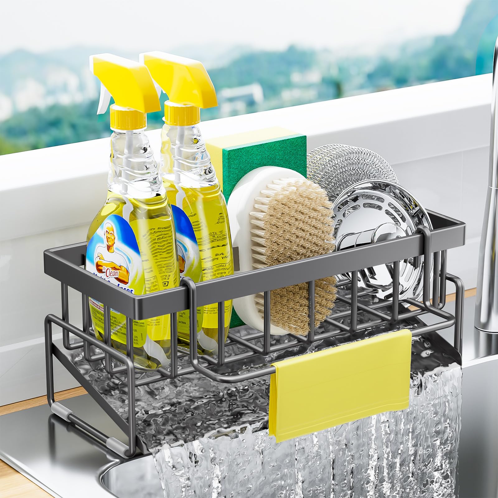 BREIS Kitchen Sink Caddy Organizer with Rag Holder Self-Draining Sponge Holder for Countertop Soap Dispenser Organizers and Storage
