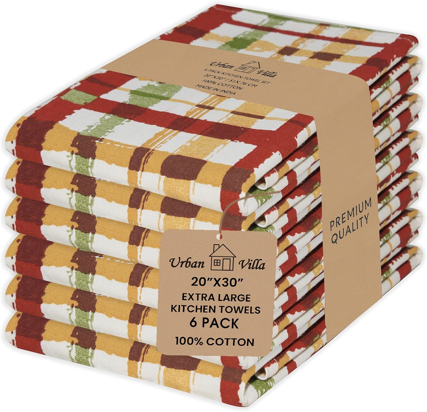 Urban Villa Kitchen Towels 100% Cotton Dish Towels for Kitchen (Set of 6) 20”x30” Dish Cloths Highly Absorbent Kitchen Linen Set with Hanging Loop Perfect for Drying Dishes Cleaning – Fall Checks