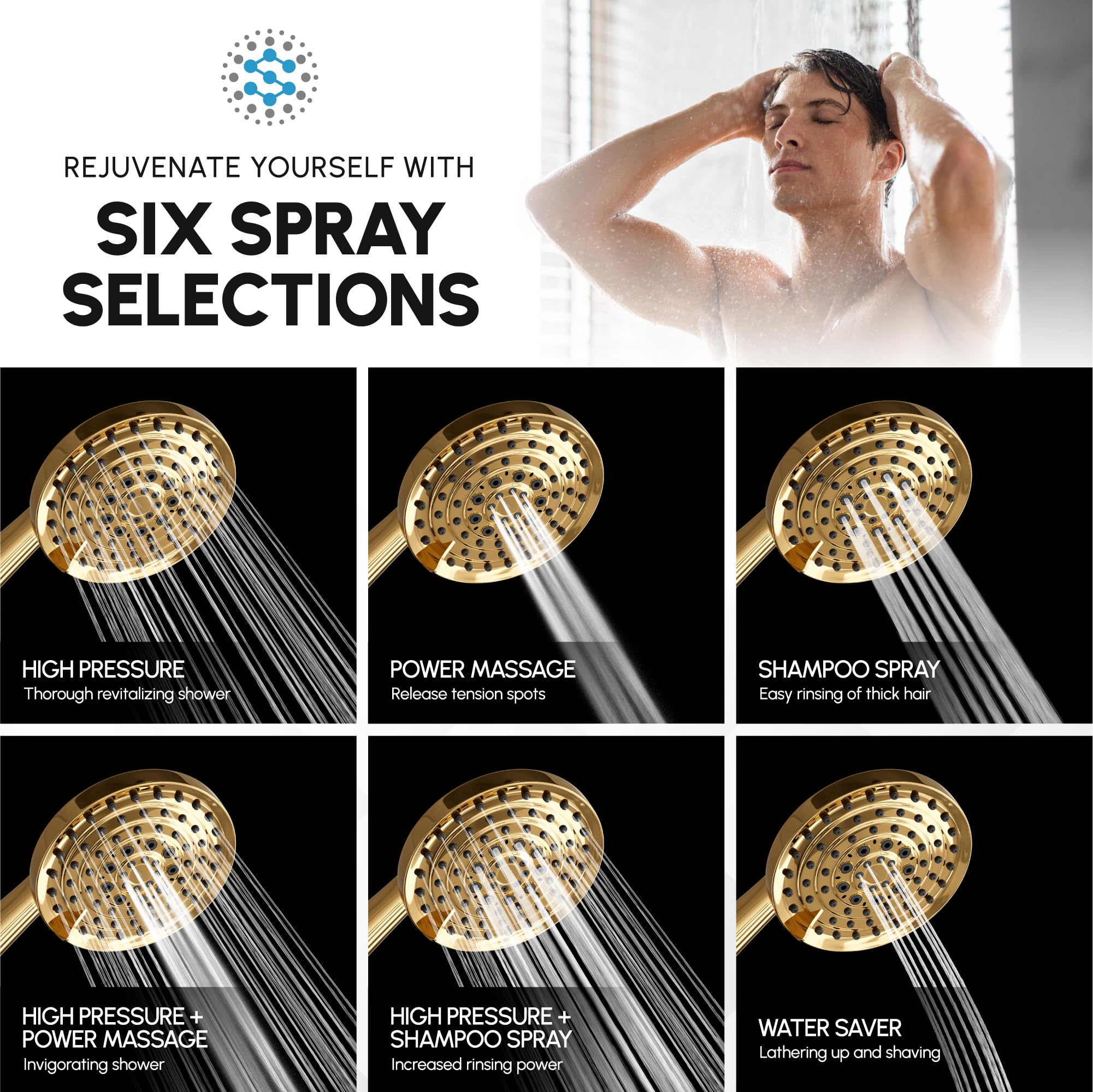 Seria Luxury Spa, 6 ustawień natrysku 12,7 cm ręczna głowica prysznicowa, bardzo długi wąż ze stali nierdzewnej, prysznic MAXX-imize z głowicą prysznicową z polerowanego mosiądzu/złotego