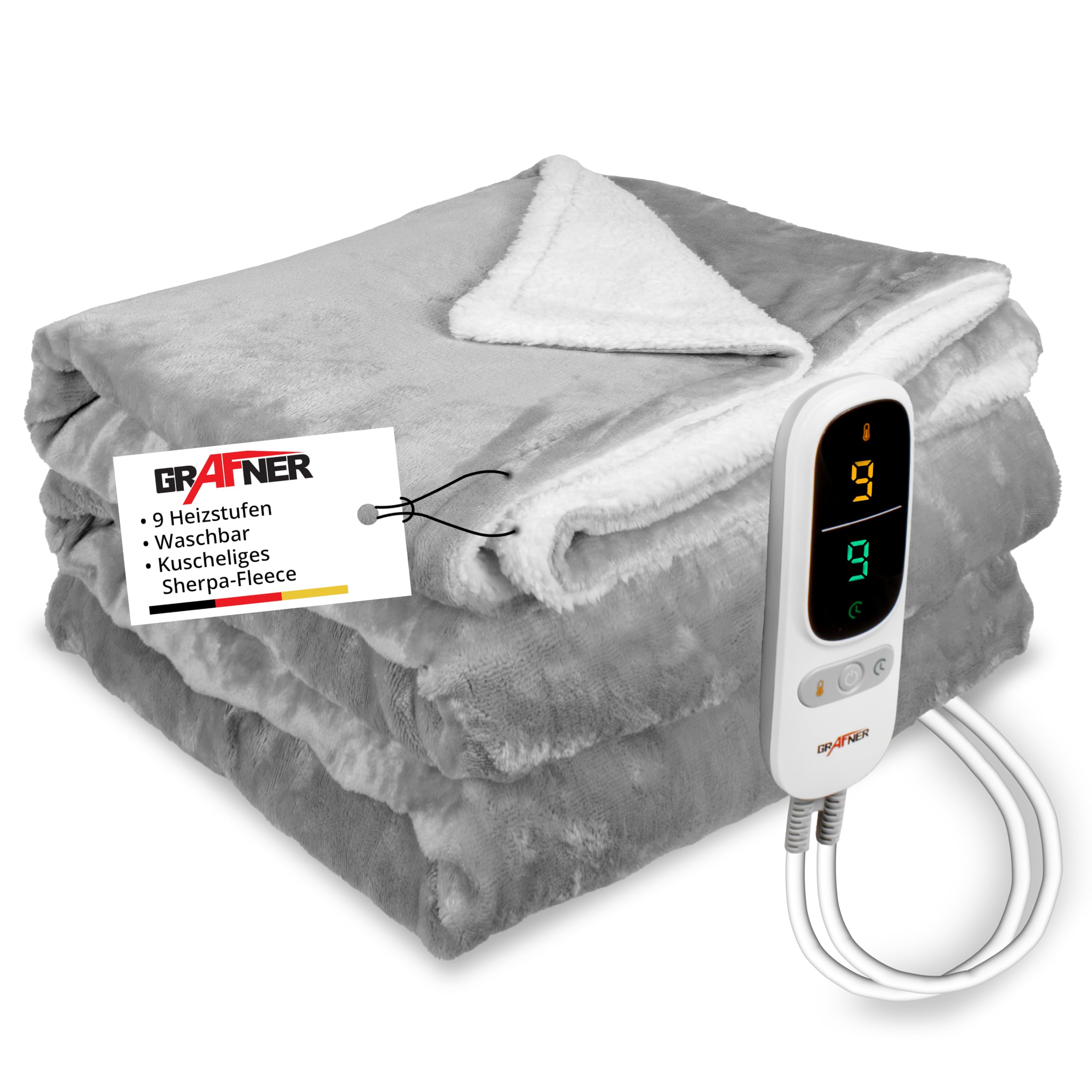 Grafner Heizdecke 200 x 180 cm Sherpa Fleece, elektrische Wärmedecke für 2 Personen, 9 Heizstufen, 200 Watt, Timer 1-9h, Abschaltautomatik, LED Fernbedienung, maschinenwaschbar, große Kuscheldecke
