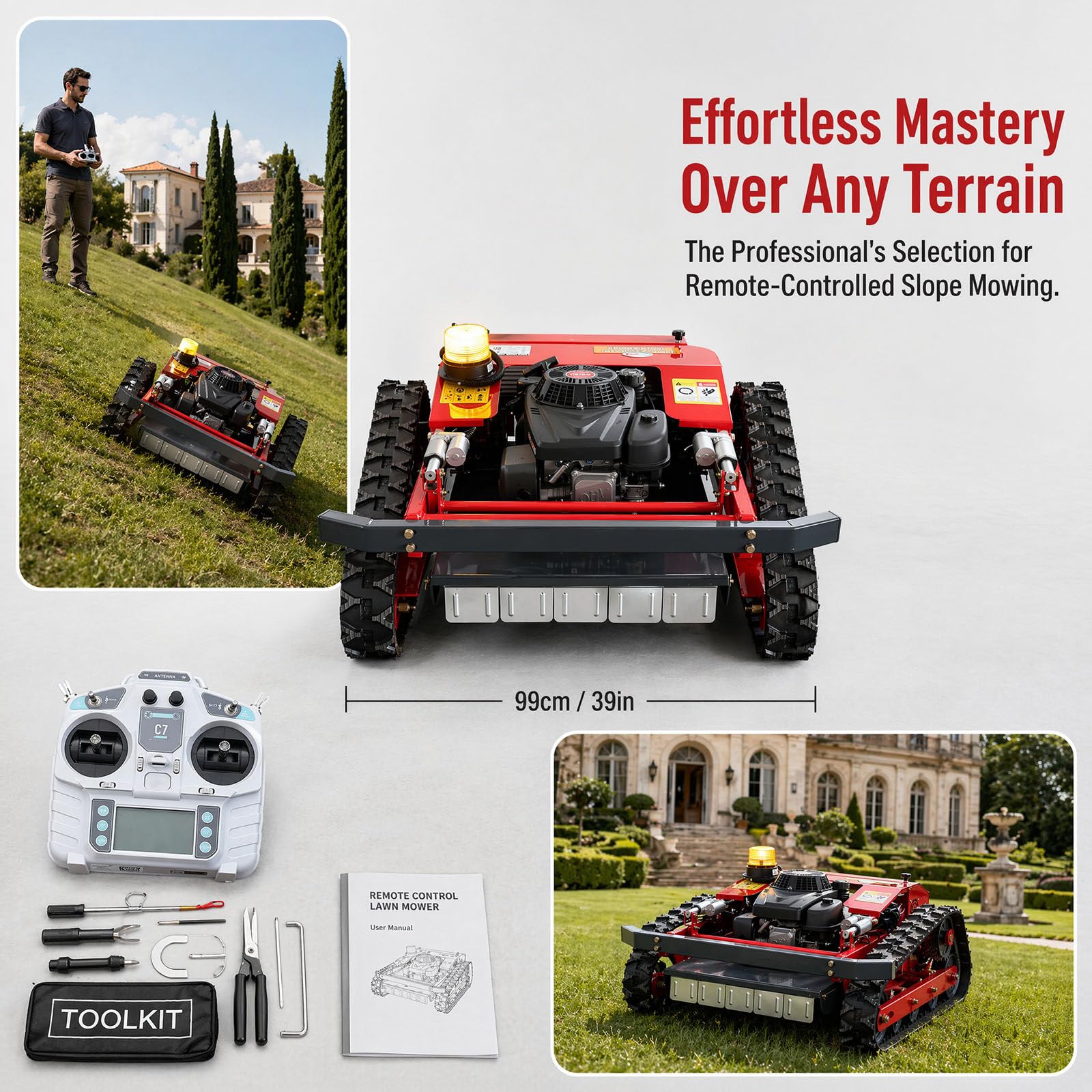Cortacésped Oruga a Control Remoto – Motor De Gasolina 224 CC, Ancho De Corte 550 Mm, Capacidad De Pendiente 45°, Arranque Eléctrico + Arranque Manual, para Terrenos Empinados