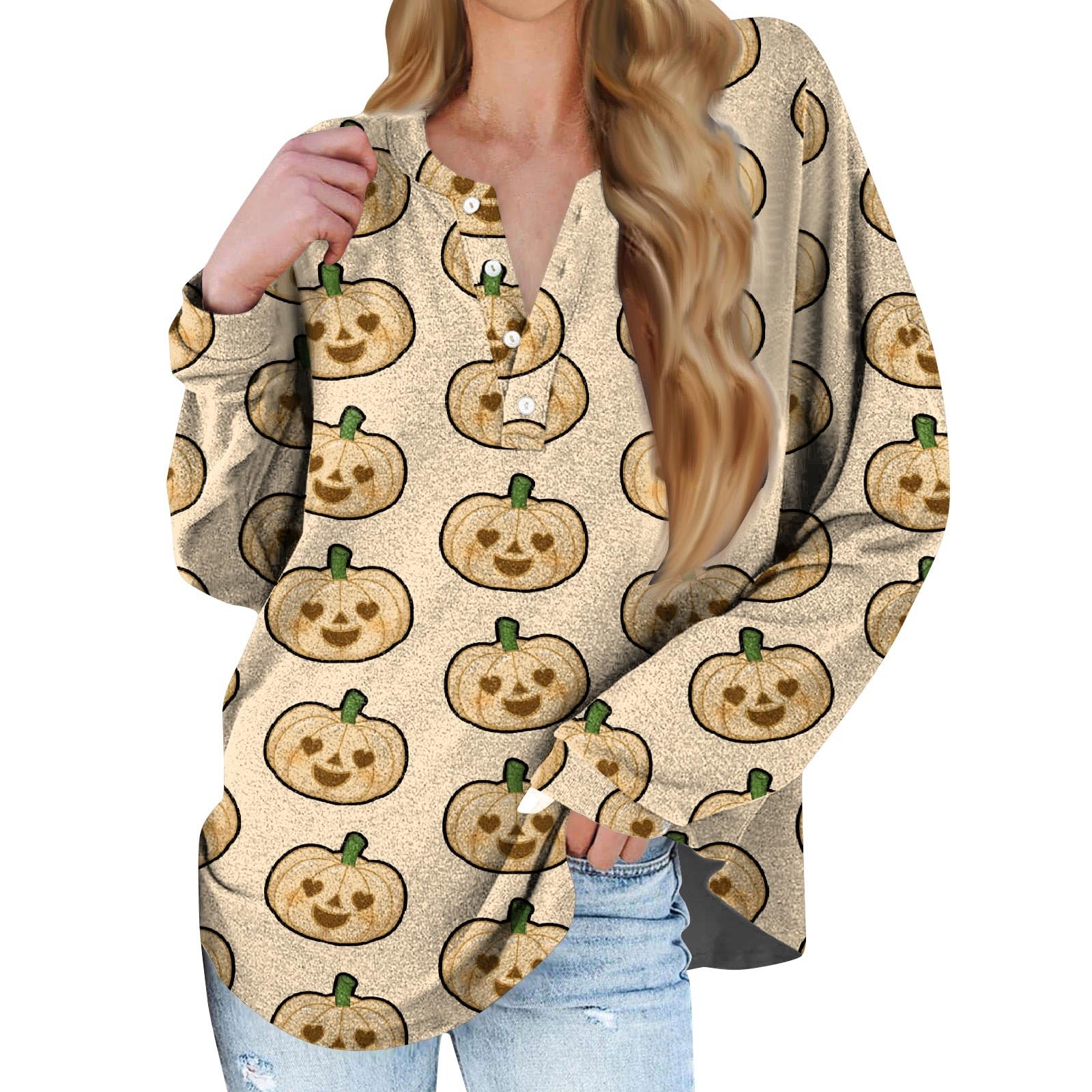 Halloween Long Sleeve Shirt,Button Down Shirts for Women Long Sleeve Henley Ovesized Pullover Tops 2023 Fall Halloween Fashion Blouse