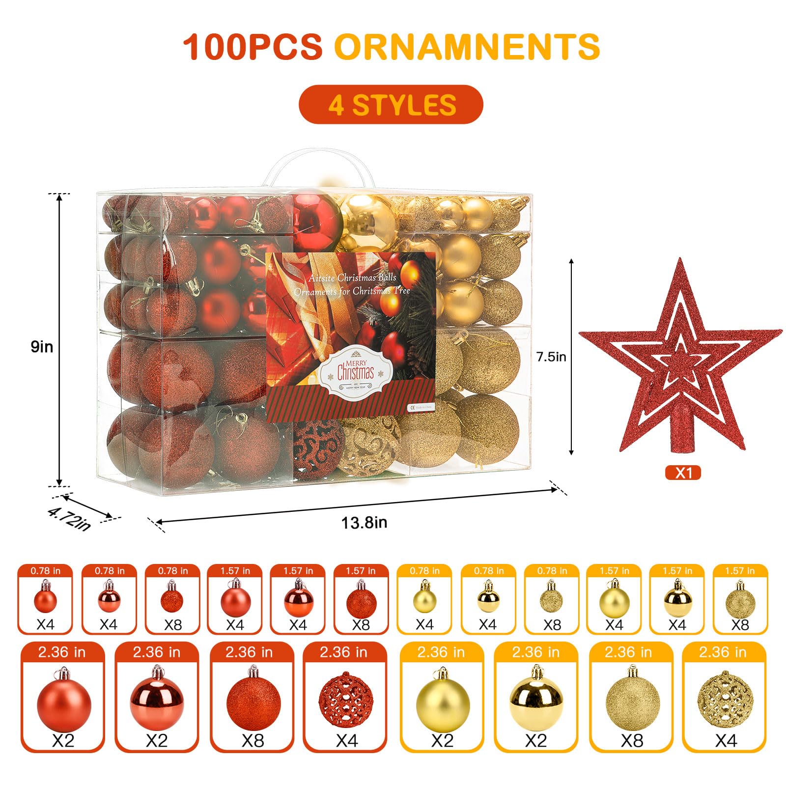 Bolas de Navidad (101 unidades, 2/4/6 cm) (rojo y dorado)