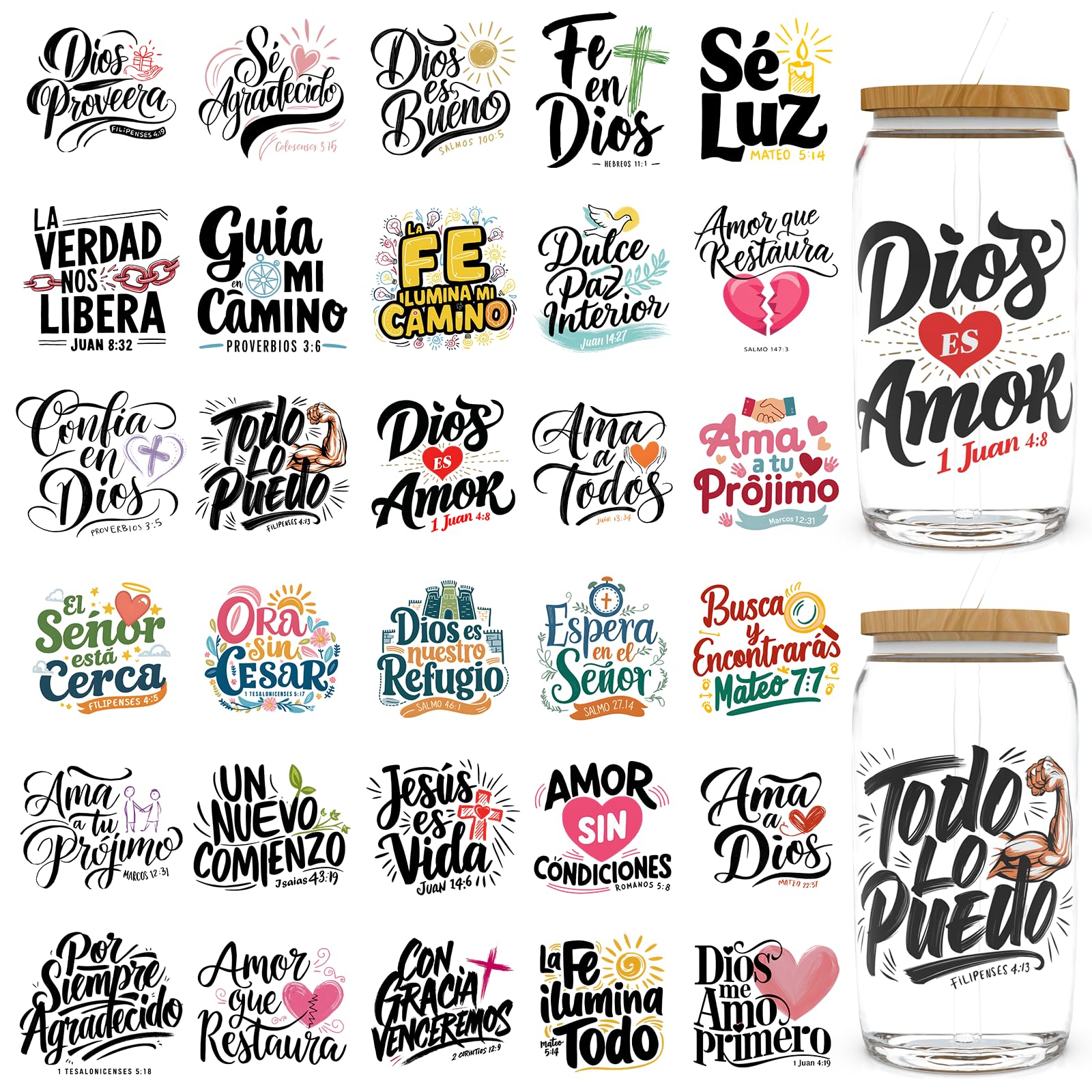 CHNVICK 30 PCS UV DTF Cup Wraps for 16 OZ - Spanish Bible Verses UV DTF Cup Stickers for 16OZ Glass Cups, Mugs?Milk Tea Cups, Metal and Plastic Bottles. High-Viscosity UV DTF Transfer Sticker