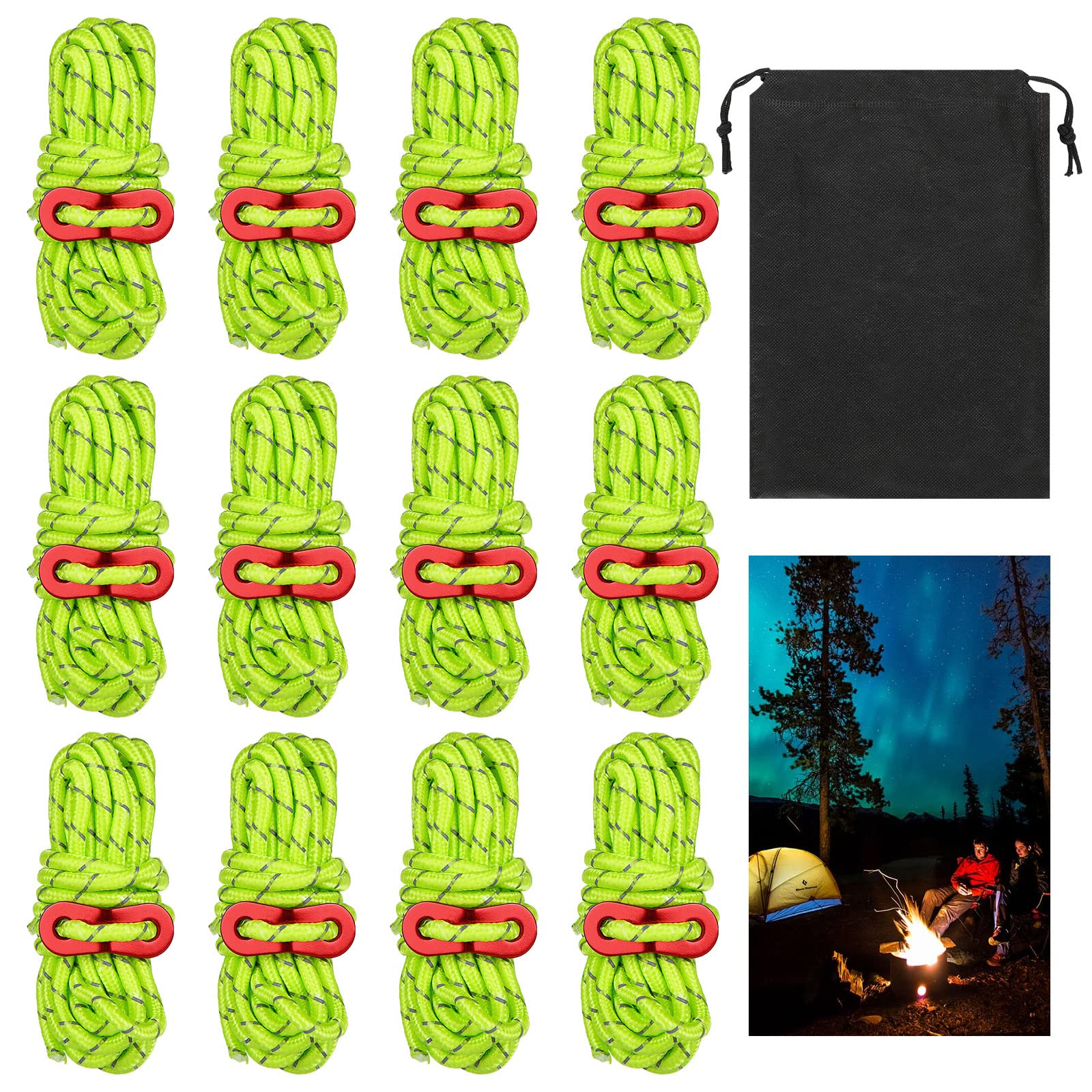 GOYADA 12PCS 5mm Tent Guy Ropes, 16ft/5m Reflective Tent Cord Windproof, Luminous Guy Line Nylon Rope with Aluminum Adjuster for Camping, Hiking, Awning, Tarp Tents, Backpacking (Green)