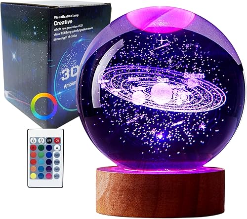 JiTaiMeiGift Lámpara de bola de cristal del sistema solar, 3.15 pulgadas, 3D K9, luz nocturna del sistema solar, luz de bola de vidrio con base de