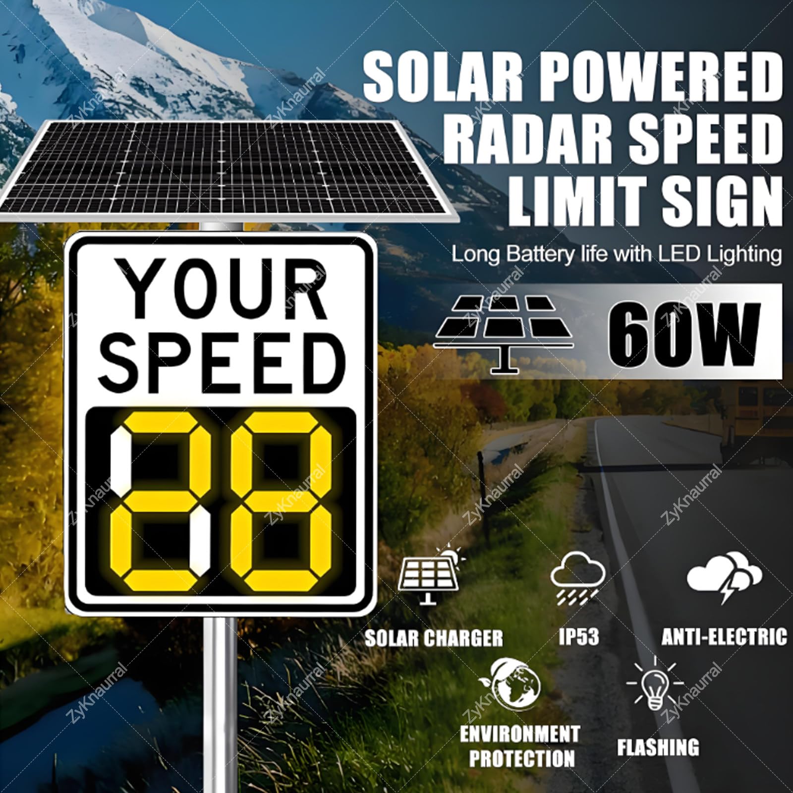 Señales de velocidad de radar solar, señal de límite de velocidad de radar digital LED alimentada por energía solar, límite de velocidad ajustable, señal LED de tráfico de vecindarios, 20 x