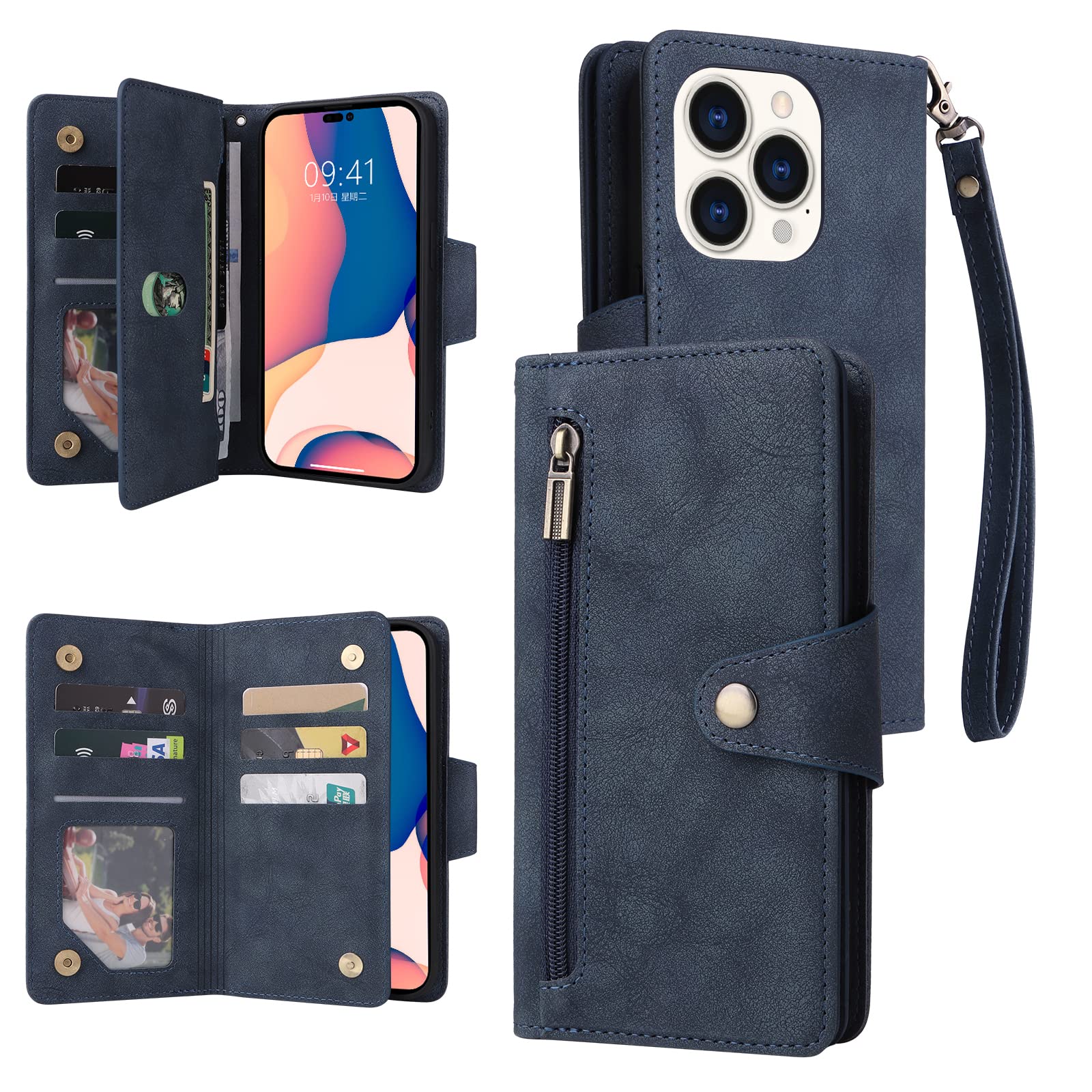 JGG iPhone 14 Pro Case Wallet with RFID Blocking Card Slot Premium Soft PU Leather Zipper Flip Folio with Wrist Strap Kickstand Protective for iPhone 14 Pro Wallet Case(Blue-6.1 inch)