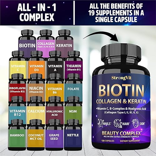 Miniatura 6 de Suplementos de biotina con ácido hialurónico, queratina y colágeno, vitaminas para el crecimiento del cabello para mujeres, uñas y piel saludables,