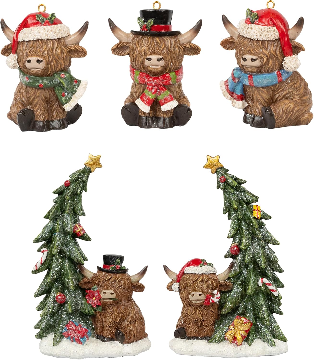 4 inch 3pcs Highland Cow Figurines Christmas Decor, 6.5Inch 2PCS Cow by Snow-Dusted Christmas Trees with Star/Gift/Candy Cane