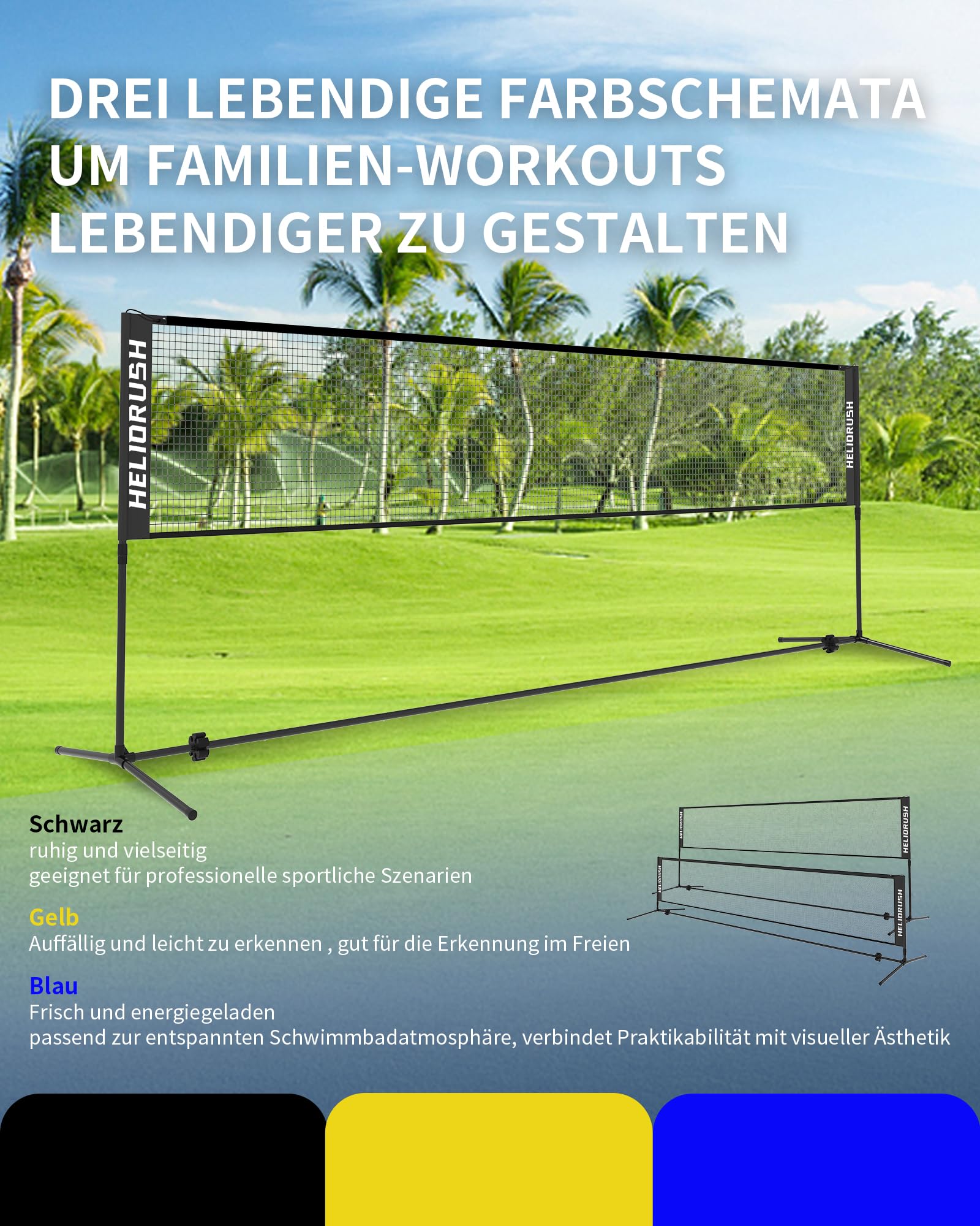 Badmintonnetz Outdoor Höhenverstellbar, 3/4/5m Tragbares Volleyball Netz für Garten mit Stabiler Stahlrahmen & HDPE Netz, Federballnetz für Garten, Pool, Strand, Tennis, Kinder & Erwachsene
