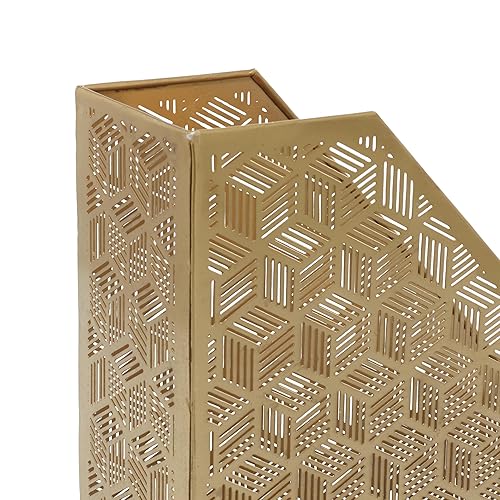 Miniatura 4 de Deco 79 Revistero de una sola ranura geométrica de metal con diseño tallado con láser, 5 x 10 x 12 pulgadas, dorado