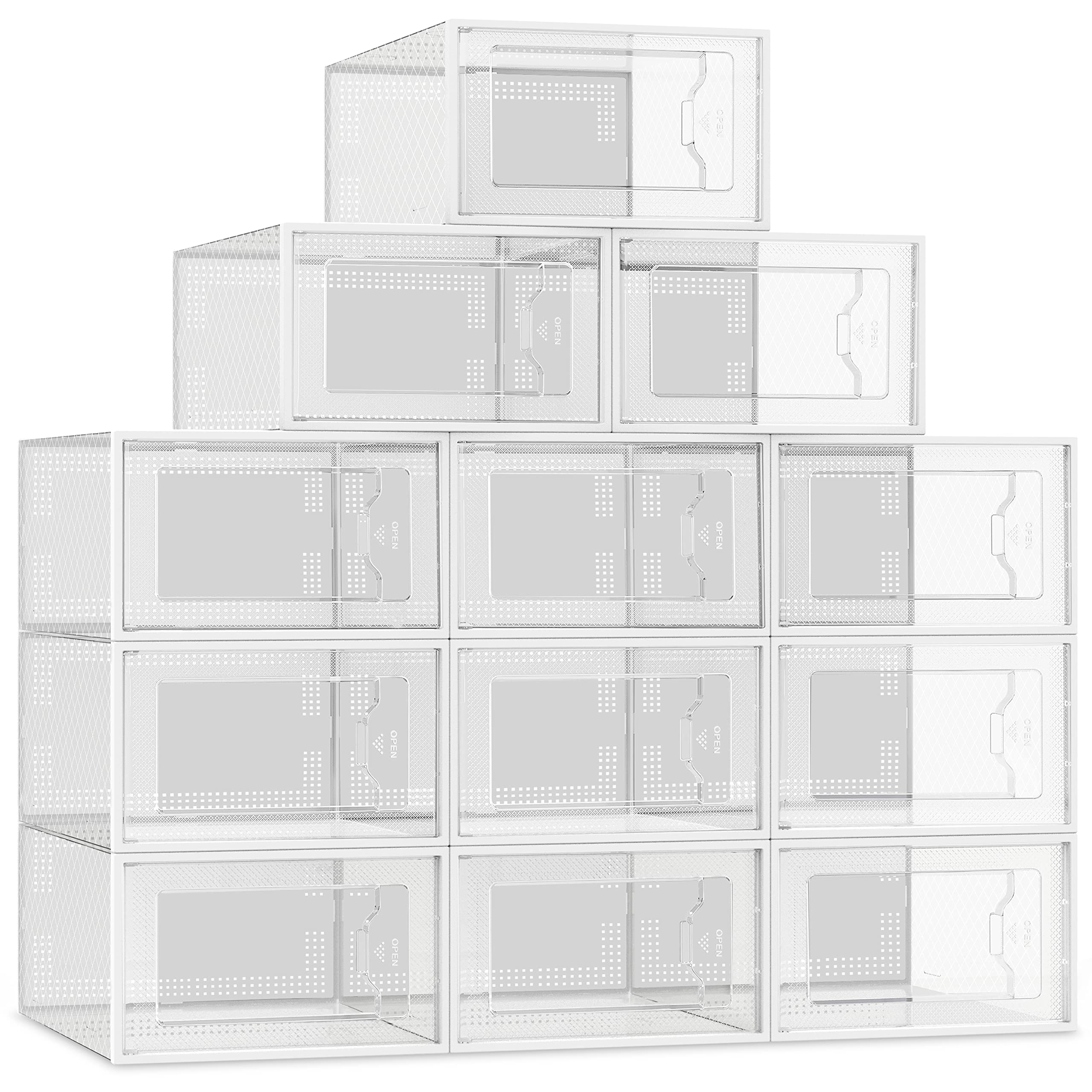 12 Pack Shoe Boxes Clear Plastic Stackable, Shoe Storage Boxes, Shoe Organizer for Closet, Space-Saving Shoe Containers Bins (Clear)