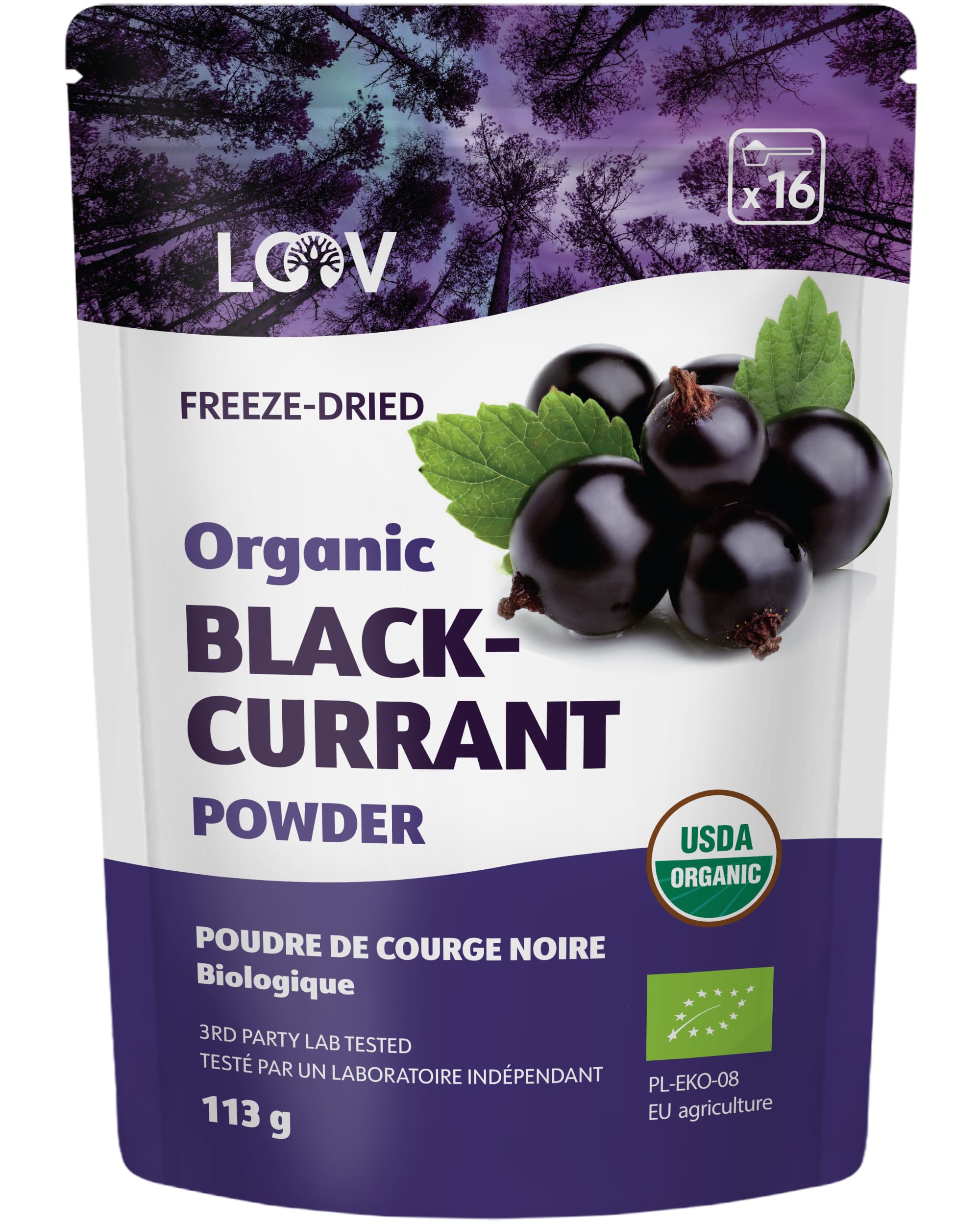 Organic Blackcurrant Powder, 4 Oz, 14-day Supply, Freeze-Dried, from Northern Europe, No Added Sugar, Raw