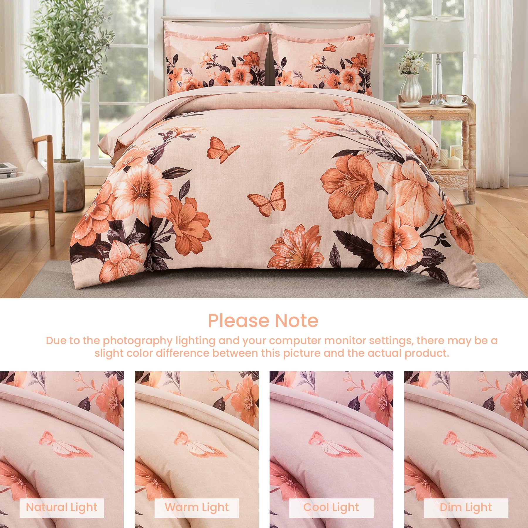 Juego de edredón floral tamaño King, 7 piezas de cama naranja en una bolsa, elegante juego de edredón con patrón de flores con sábana, juegos completos de microfibra suave para todas las 8