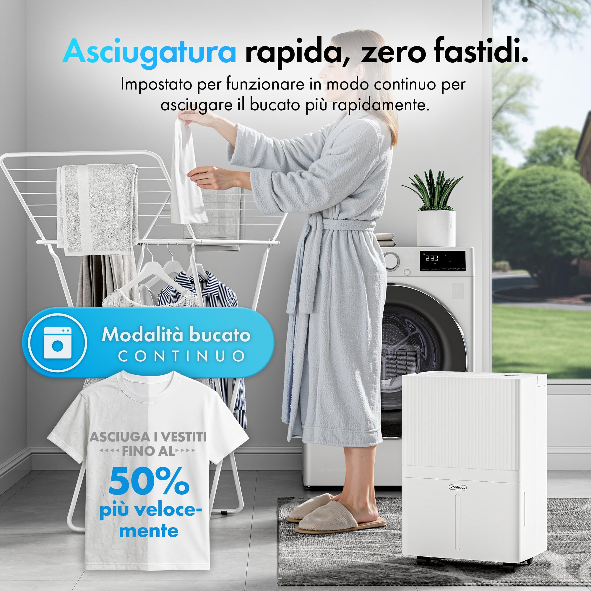 VonHaus Deumidificatore Casa 30L/Giorno con Serbatoio da 5,3L - Deumidificatore WiFi per Casa, Camera da Letto, Lavanderia - Rimuove Umidità, Condensa, Muffa e Odori - Asciuga il Bucato