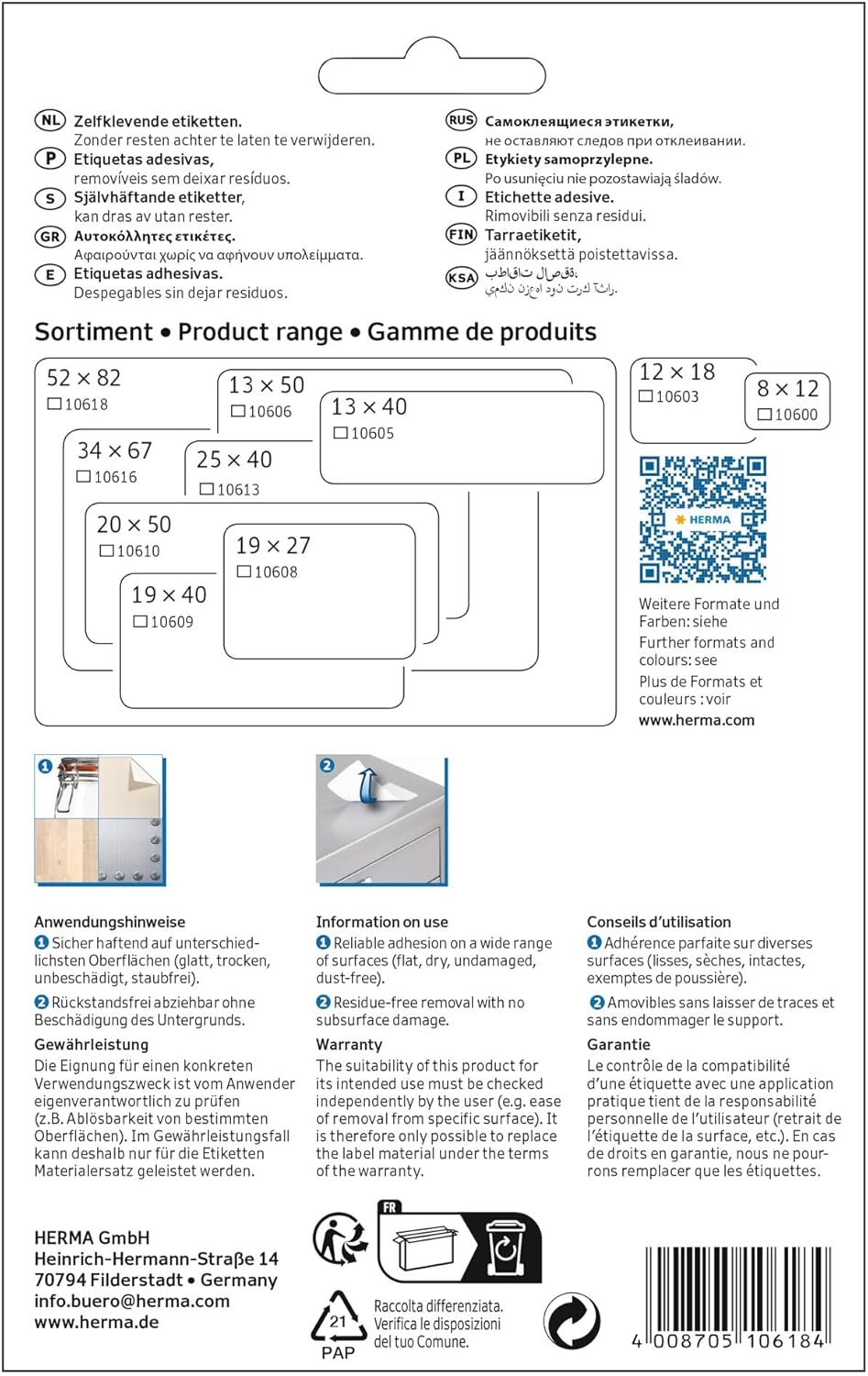 HERMA 10618 Multi-Purpose Labels 52x82 mm White Movables/Removable Paper matt 128 pcs.