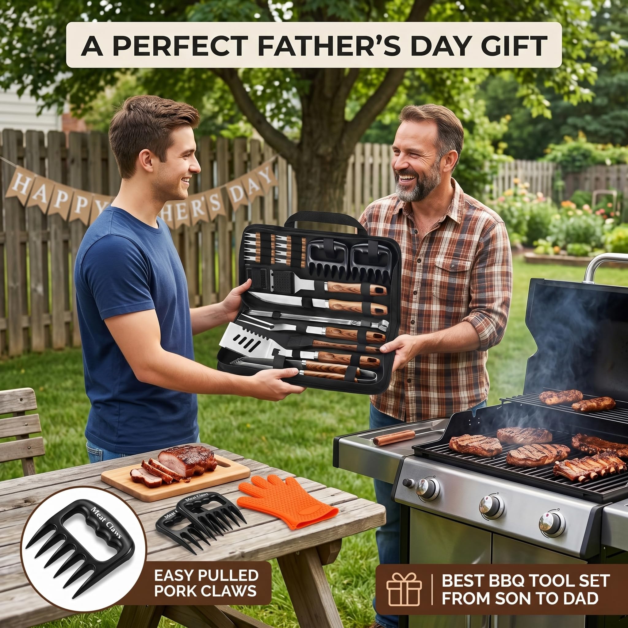 ROMANTICIST Set regalo di 27 utensili da barbecue resistenti per uomini e papà, in acciaio inox extra spesso, con artigli per carne, kit di accessori per grigliare in borsa portatile per campeggio
