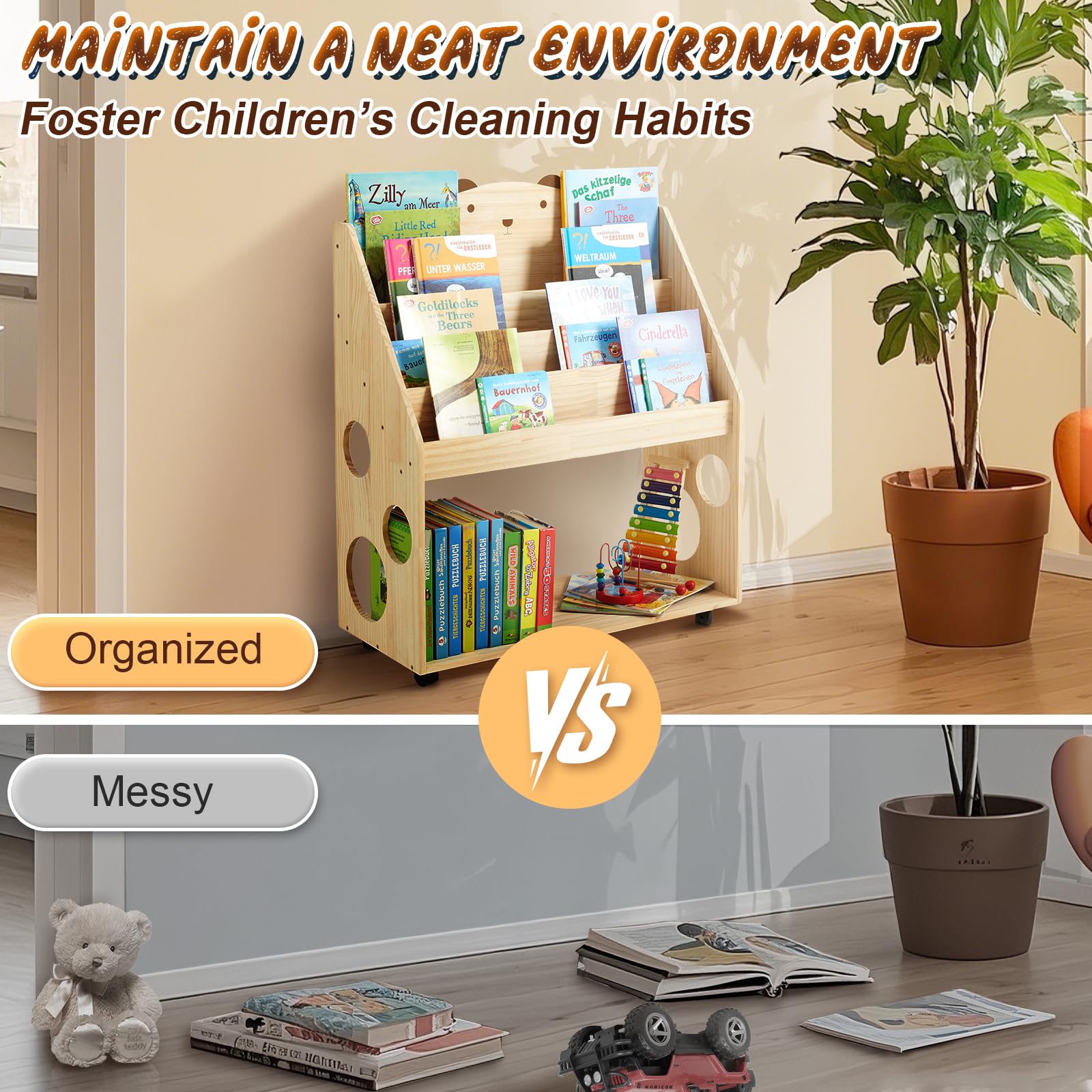 Kinder Bücherregal Montessori mit Rollen & Tafel, 5-stöckiges Kinderregal Kinderbücherregal Kinderzimmer, Bücher Kinder Regal aus Holz, Spielzeugregal Aufbewahrungsregal Natur