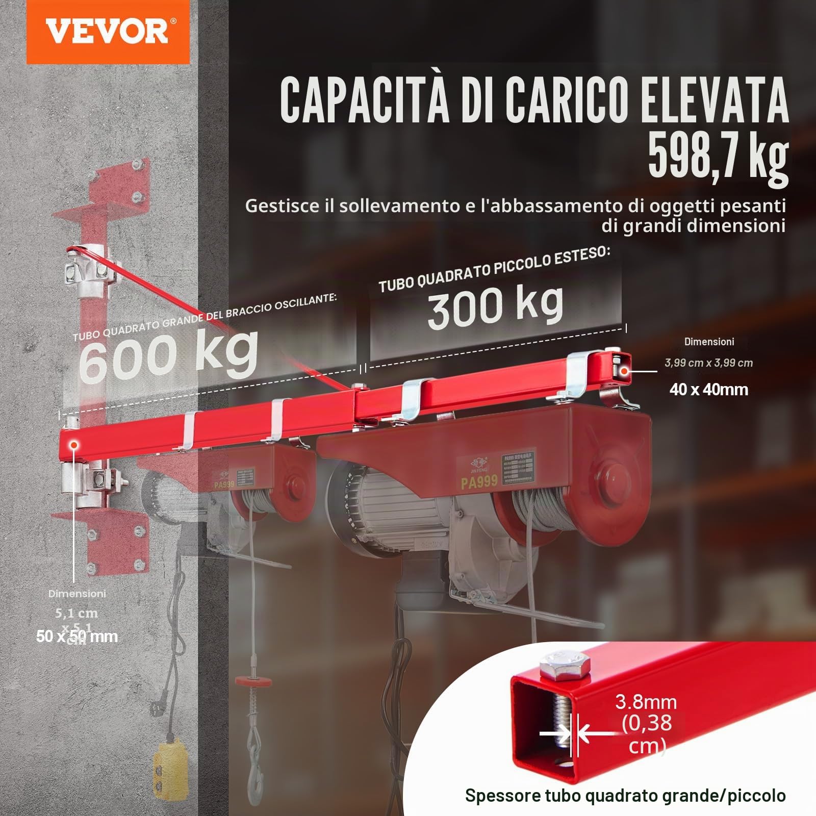 VEVOR Braccio di Supporto per Paranco Elettrico, Capacità Carico 600 kg, Braccio Girevole di Supporto per Paranco Elettrico, Braccio di Sollevamento per Paranco da Officina, Garage
