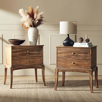 HULALA HOME Solid Wood End Table with Charging Station, 2 Drawer Side Table, Tall Mid Century Modern End Table for Living Room Set of 2, Cherry