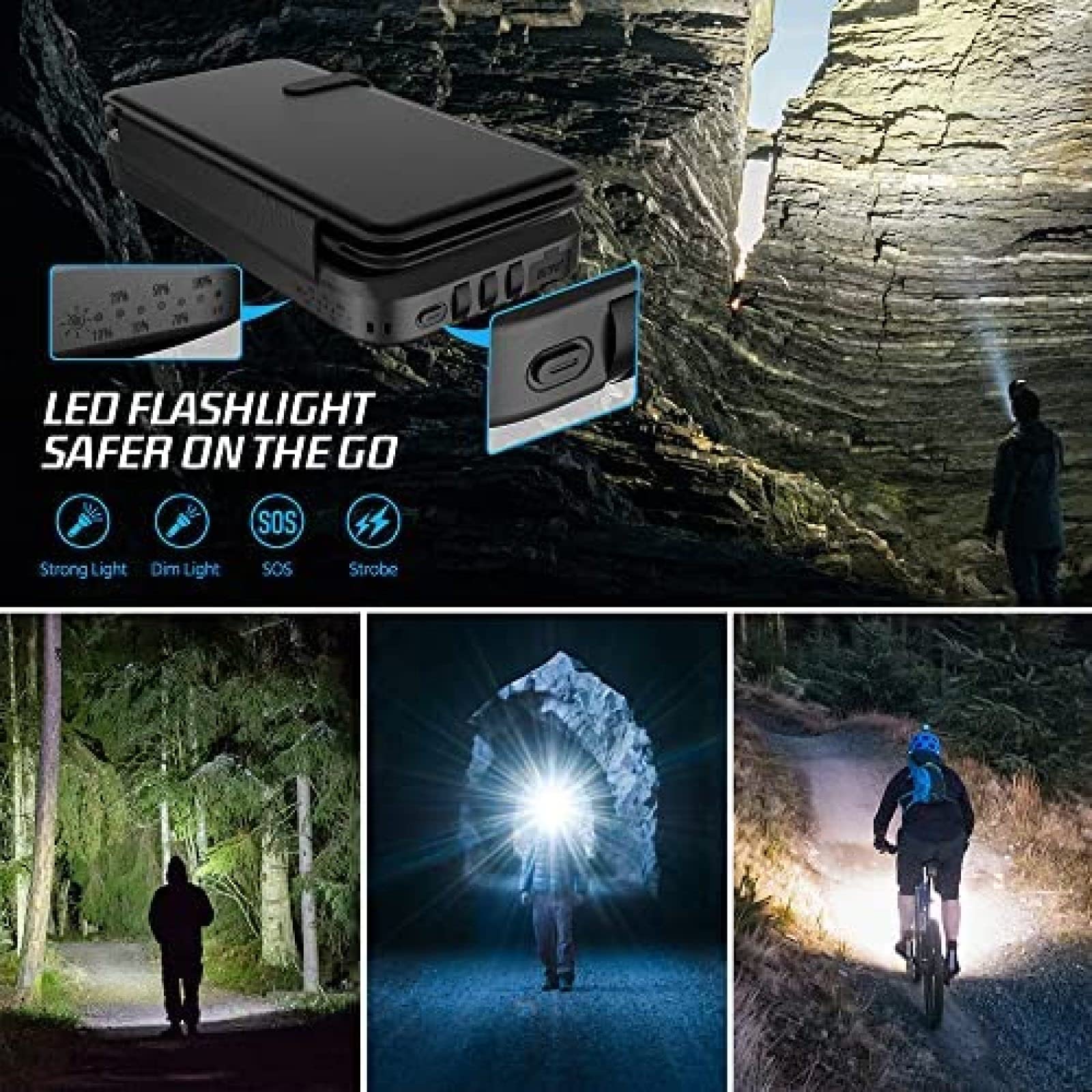 Cargador Solar Inalámbrico Power Bank, Cargador Portátil De 20000 Mah con 4 Paneles Solares Y Linterna LED, Batería Externa De Carga Rápida para Teléfono Celular Y Tableta