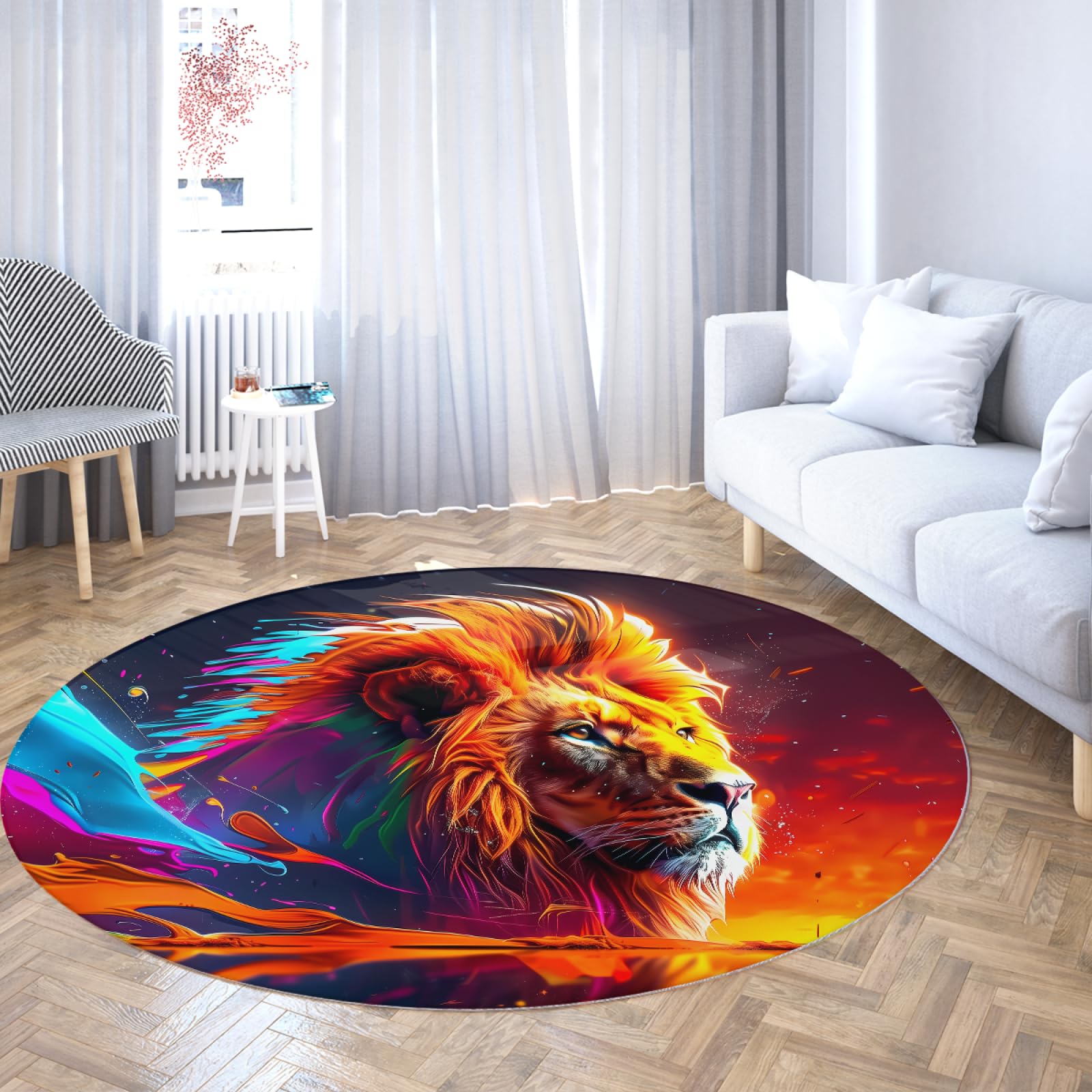 Tapis rond lavable lion et ciel étoilé 140cm pour salle à manger et bureau