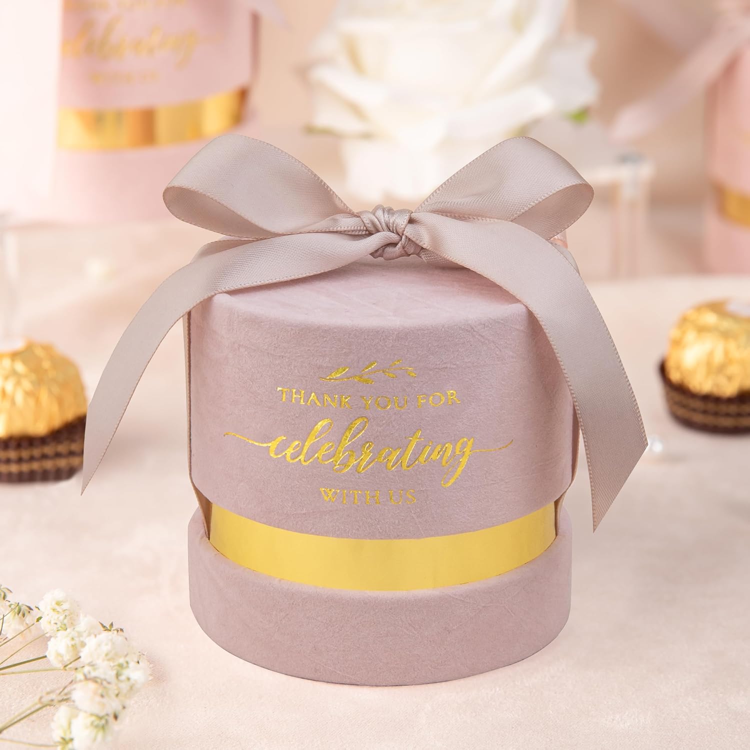 ponatia 6-Pack Dusty Rose Velvet Wedding Favor Boxes, 3.1×3.1'' Luxury Candy Boxes with Gold Foil Print & Ribbons, Pefect Gift Box for Wedding, Bridal/Baby Shower & Birthday Party Favors - Image 2