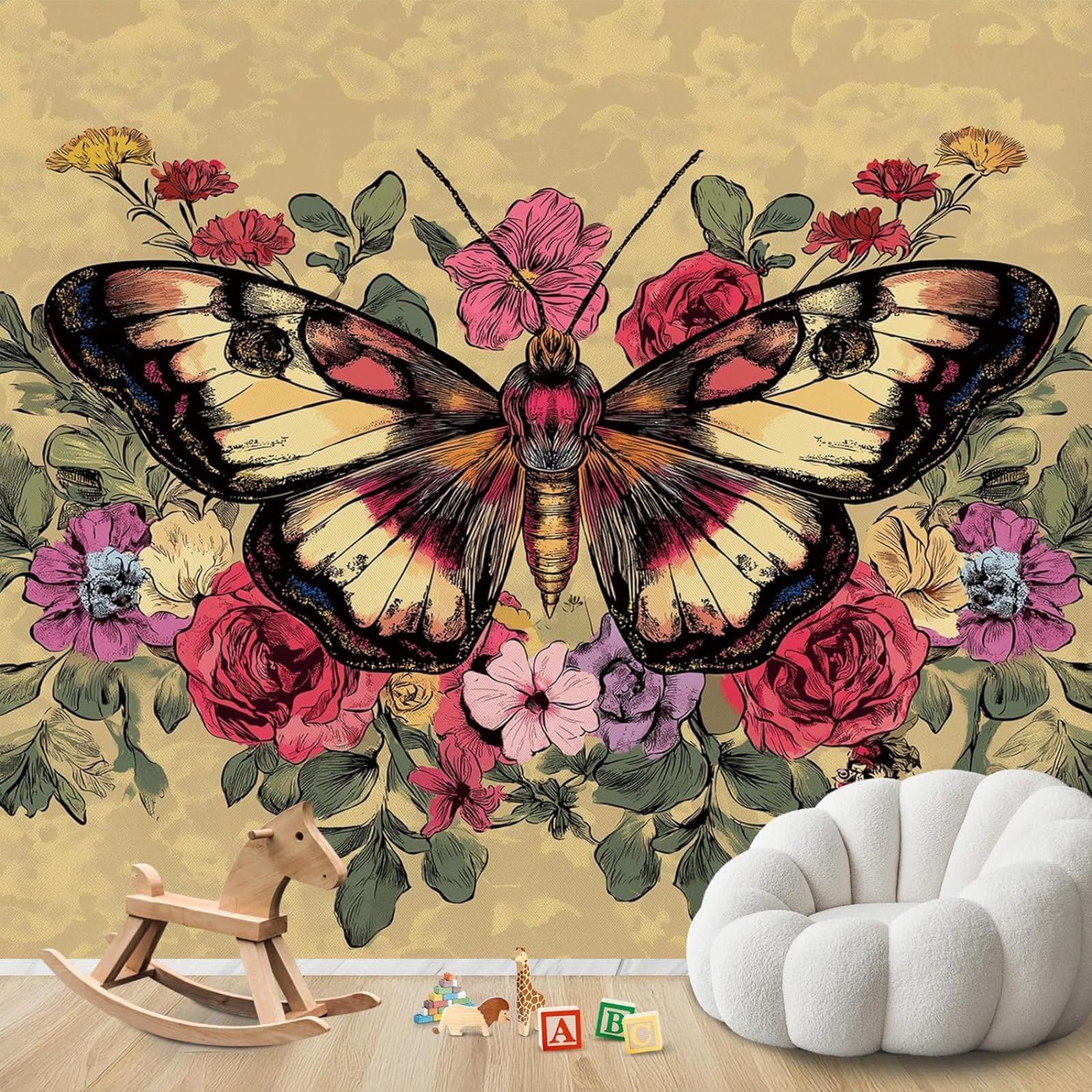 hgjdjhnf Photo Wallpaper Butterfly Flowers Vintage Boho Non-Woven ModernLiving Room Bedroom Children's RoomDecoration Motif Wallpaper,300cmx210cmSticker - Background- Painting - Poster