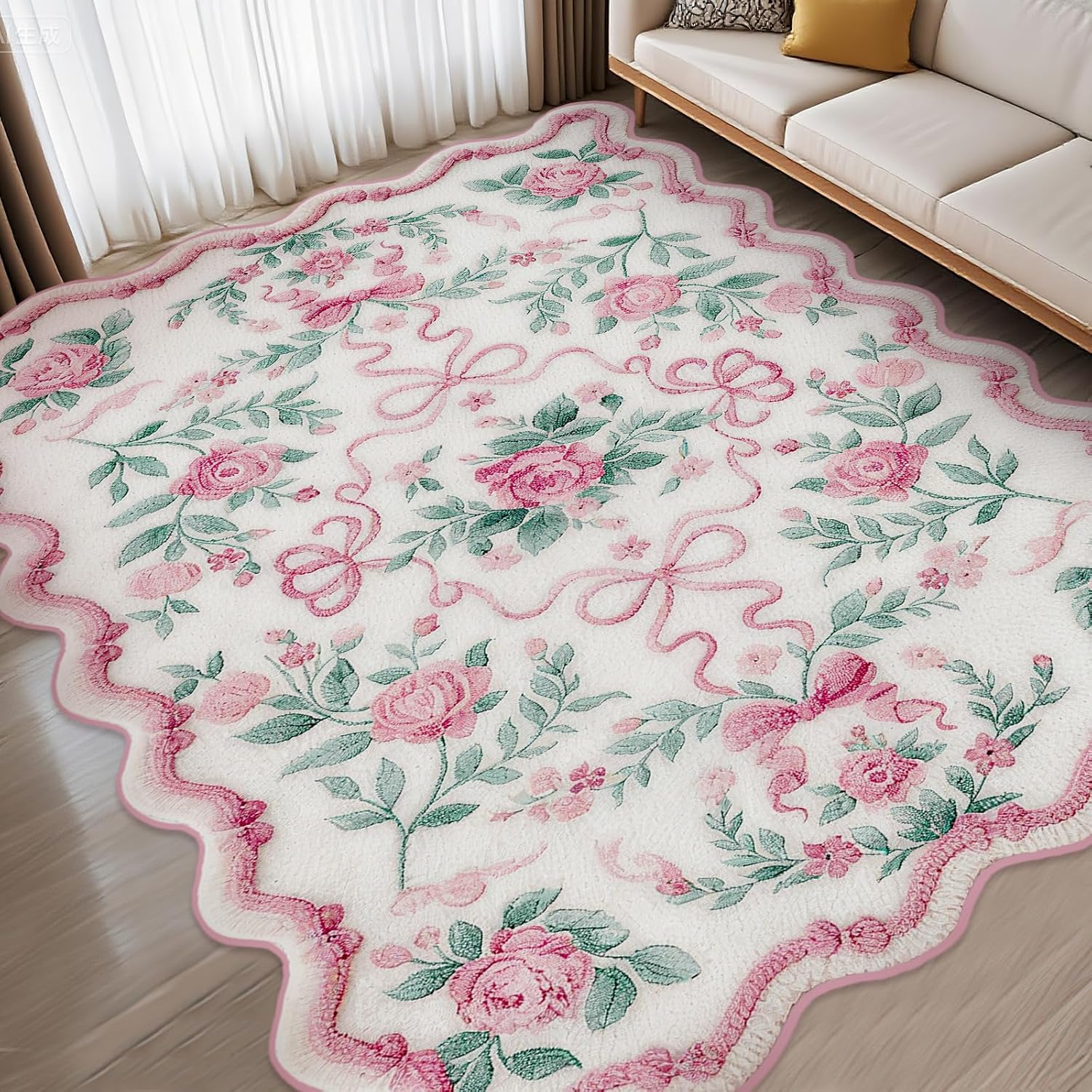 Rug Boho Area Rugs 4'x6' Cute Sweet Scalloped Throw Rugs Aesthetic Soft Bedroom Carpet for Living Room Dining Playroom Nursery Family Indoor Dorm(Pink Bow)