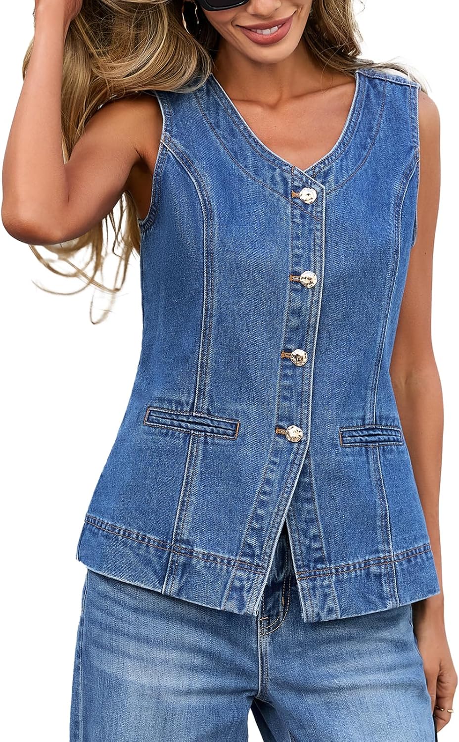 D-Sun Womens Denim Vest Sleeveless Button Down Jean Waistcoat Suit V-Neck Casual Summer Outerwear for Daily/Party/Work