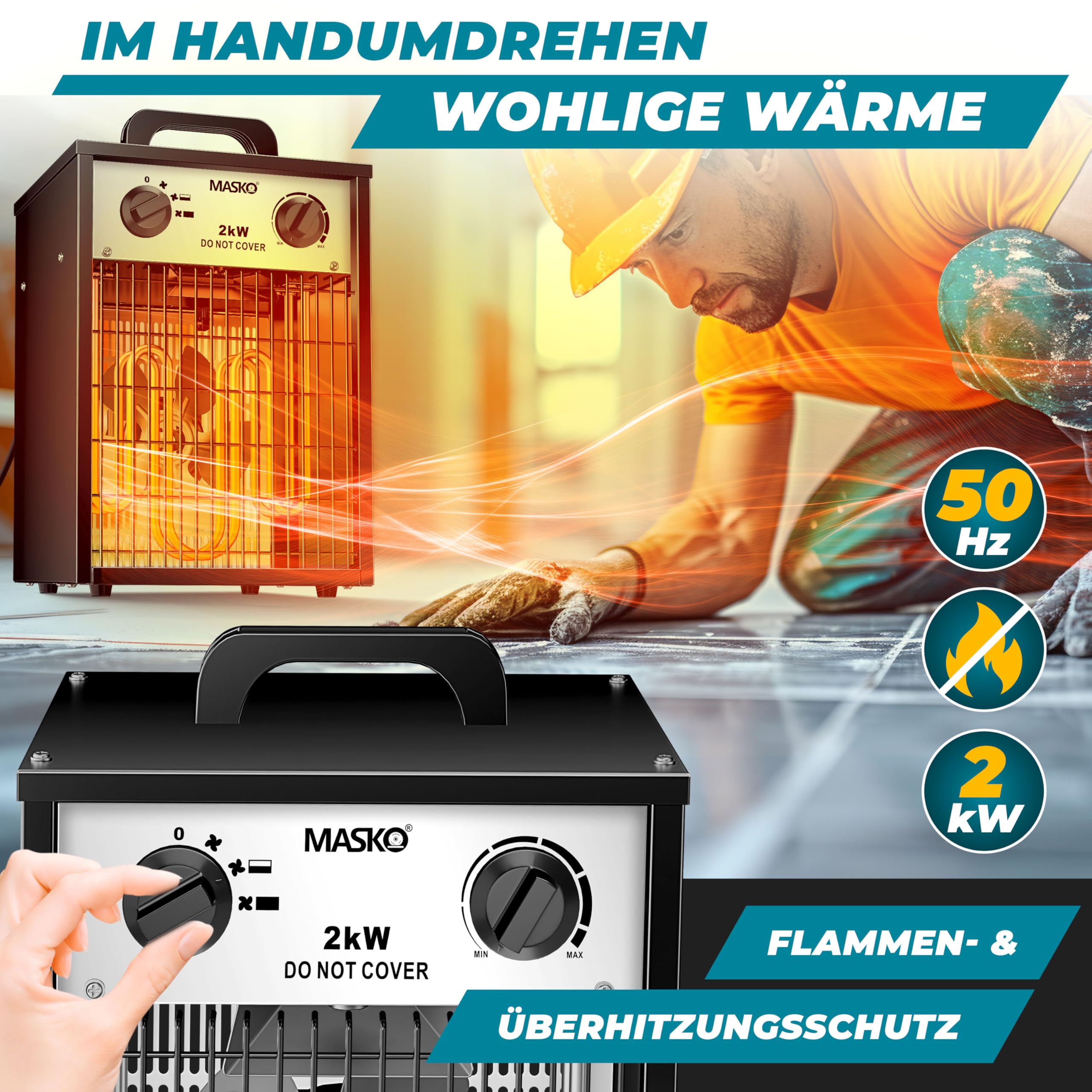 Masko® Riscaldatore elettrico 2 KW con termostato, 2000 Watt, 3 livelli riscaldamento, uso interno-esterno, protezione sovraccarico, ventilatore bianco